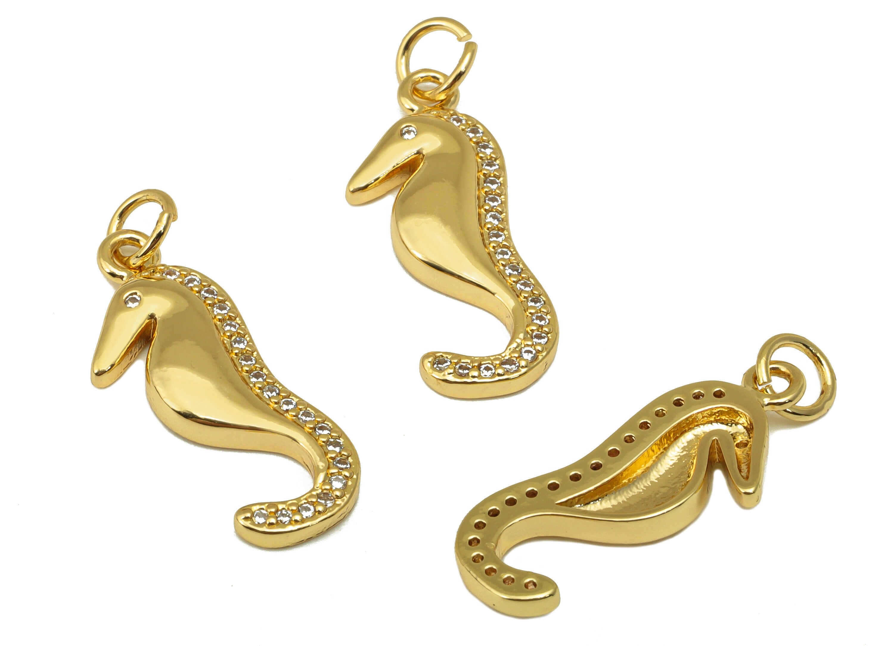 Brass Seahorse Earring Charms - Seahorse Cubic Zirconia With Hoop - For Necklace - 18K Real Gold Plated - 26.2 x 9.12x 2.7mm- RGP6672 - DOMEDBAZAAR