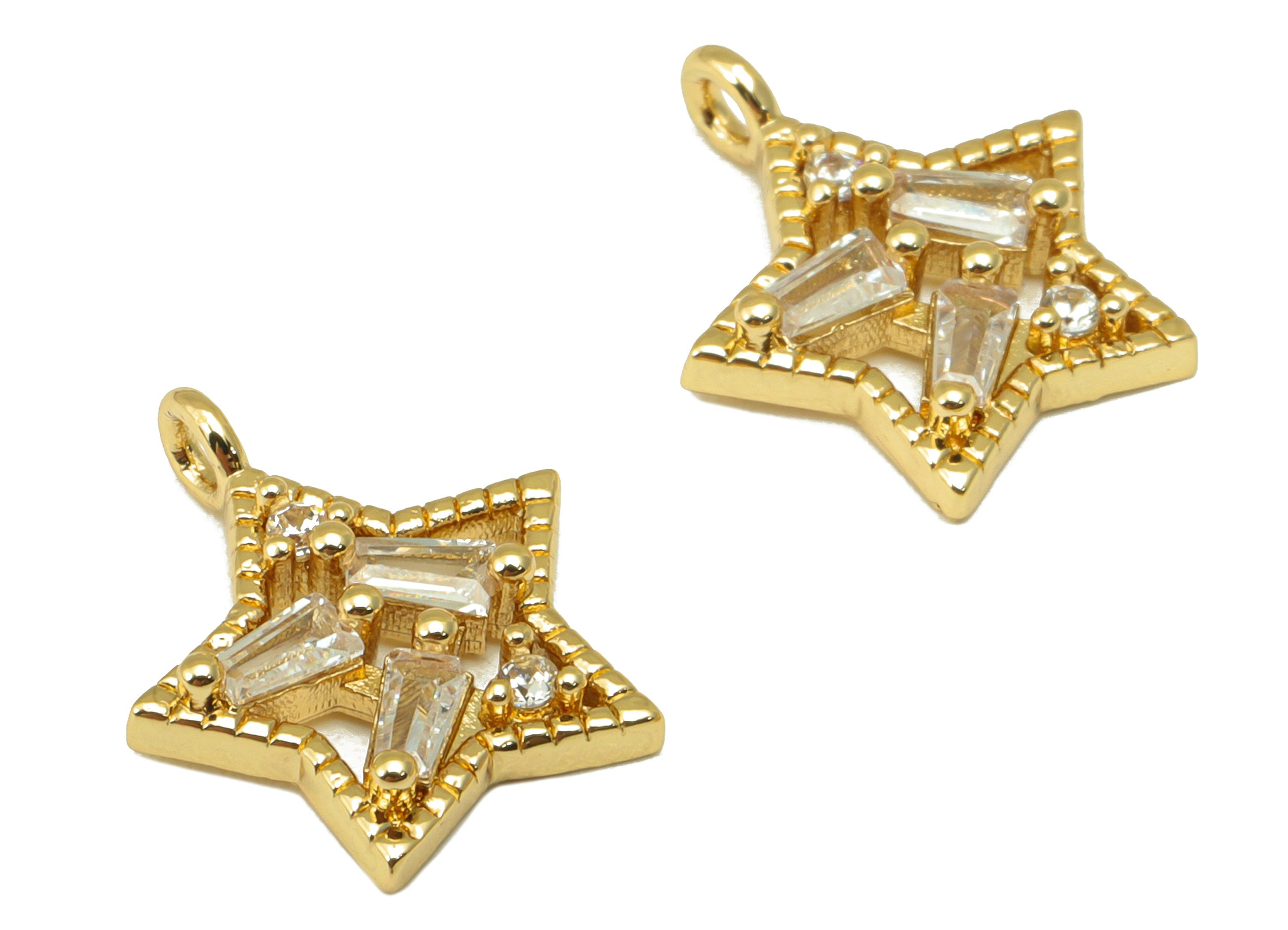 Brass Star Earring Charms -Hollow Star Cubic Zirconia - CZ Star For Necklace - 18K Real Gold Plated - 14.7 x 12.76 x 2.89mm - RGP6673 - DOMEDBAZAAR