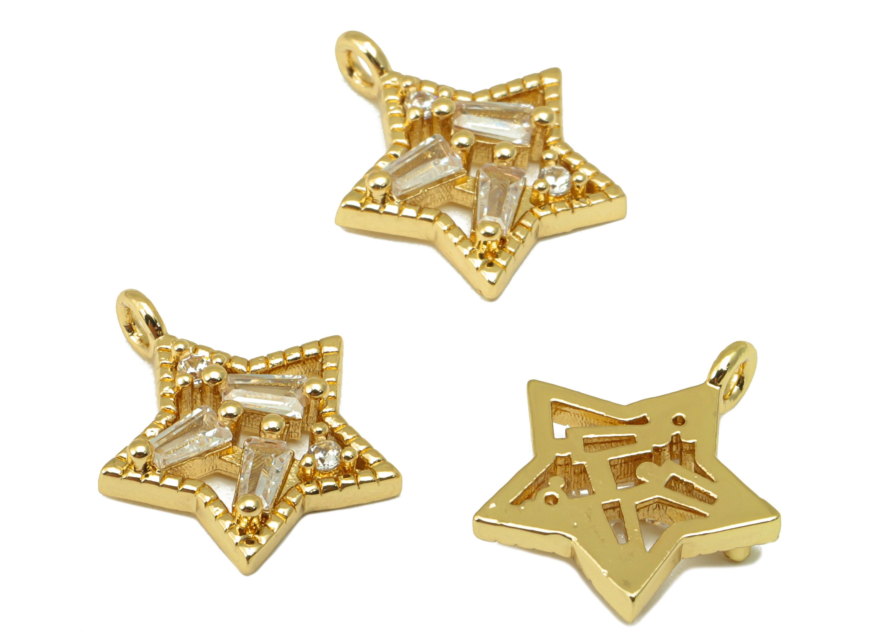 Brass Star Earring Charms -Hollow Star Cubic Zirconia - CZ Star For Necklace - 18K Real Gold Plated - 14.7 x 12.76 x 2.89mm - RGP6673 - DOMEDBAZAAR