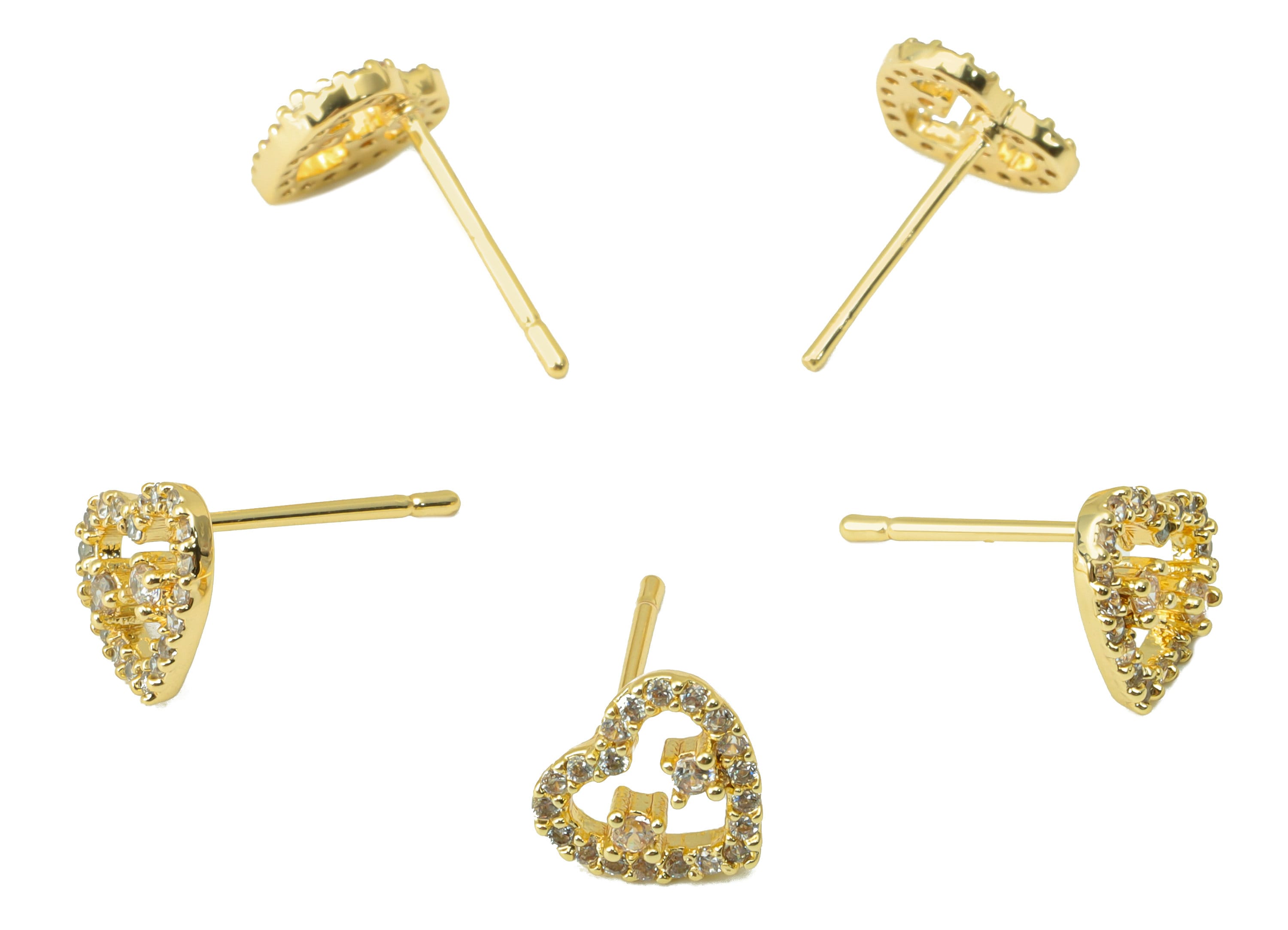 Brass Heart Earring Stud - Brass Stars Heart Earring Post -Cubic Zirconia Earring Post -18K Real Gold Plated - 8.16x8.87x 2.24mm- RGP6421 - DOMEDBAZAAR