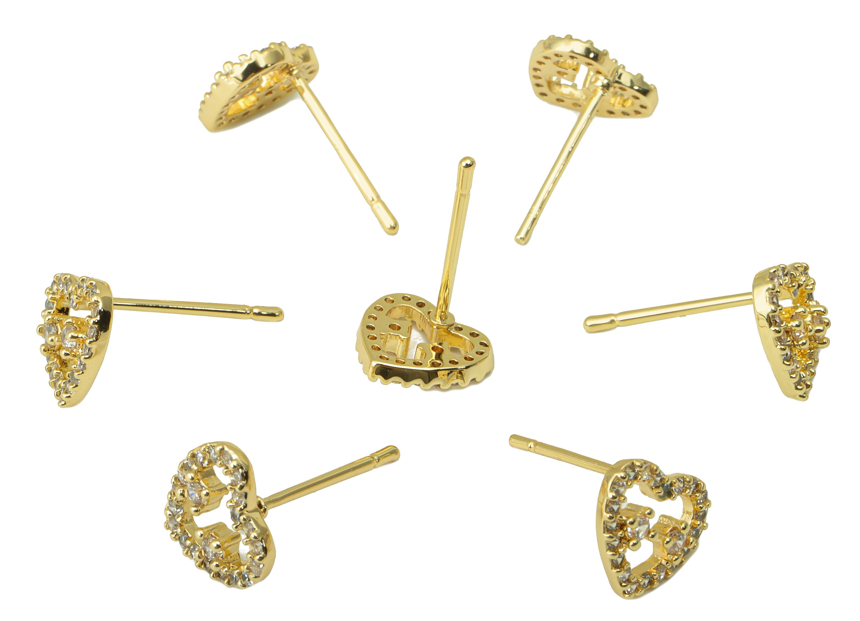Brass Heart Earring Stud - Brass Stars Heart Earring Post -Cubic Zirconia Earring Post -18K Real Gold Plated - 8.16x8.87x 2.24mm- RGP6421 - DOMEDBAZAAR