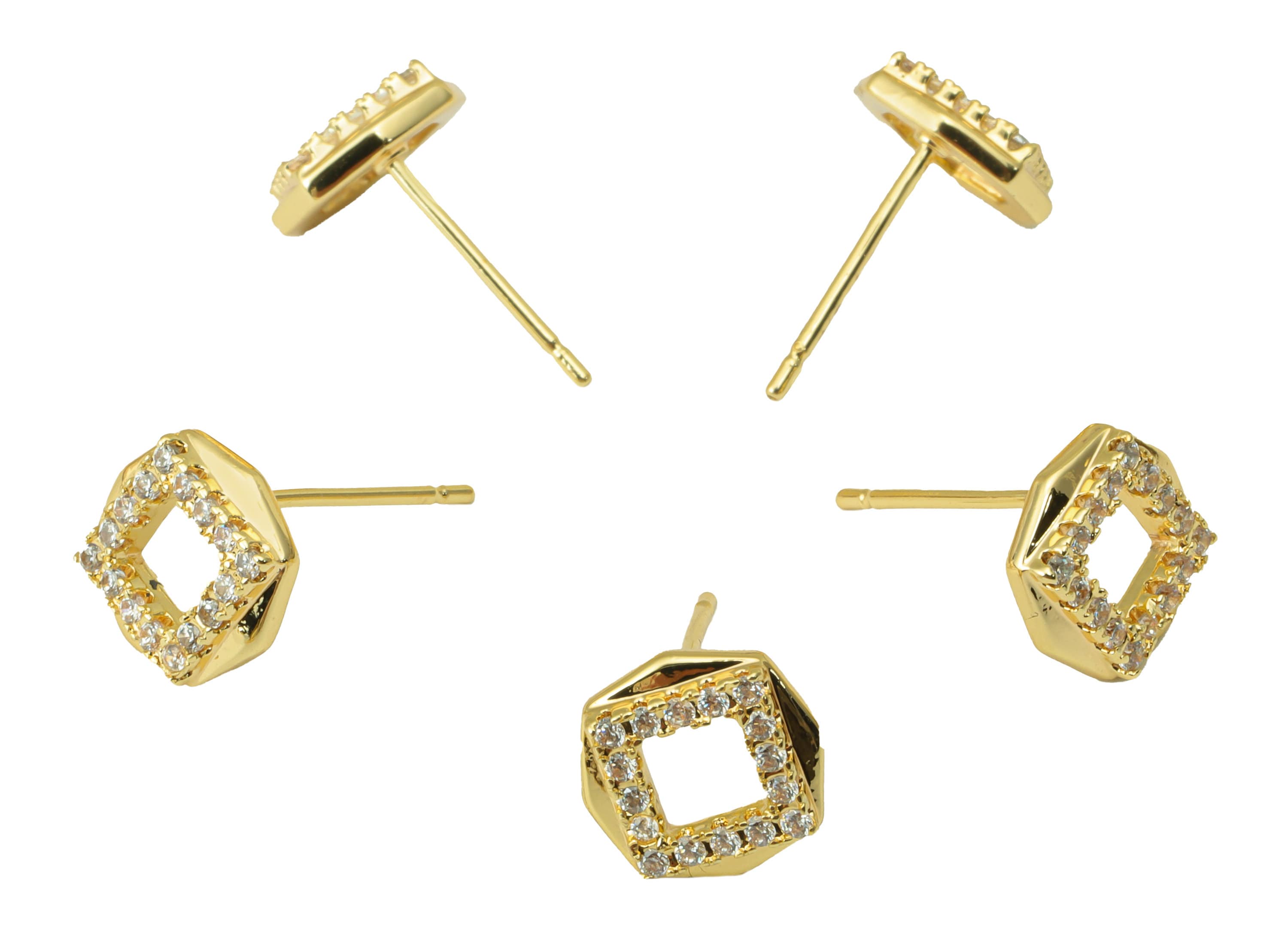 Brass Square Earring Stud - Brass Octagon Earring Post -Cubic Zirconia Earring Post -18K Real Gold Plated - 8.91x8.91x 2.67mm- RGP6422 - DOMEDBAZAAR