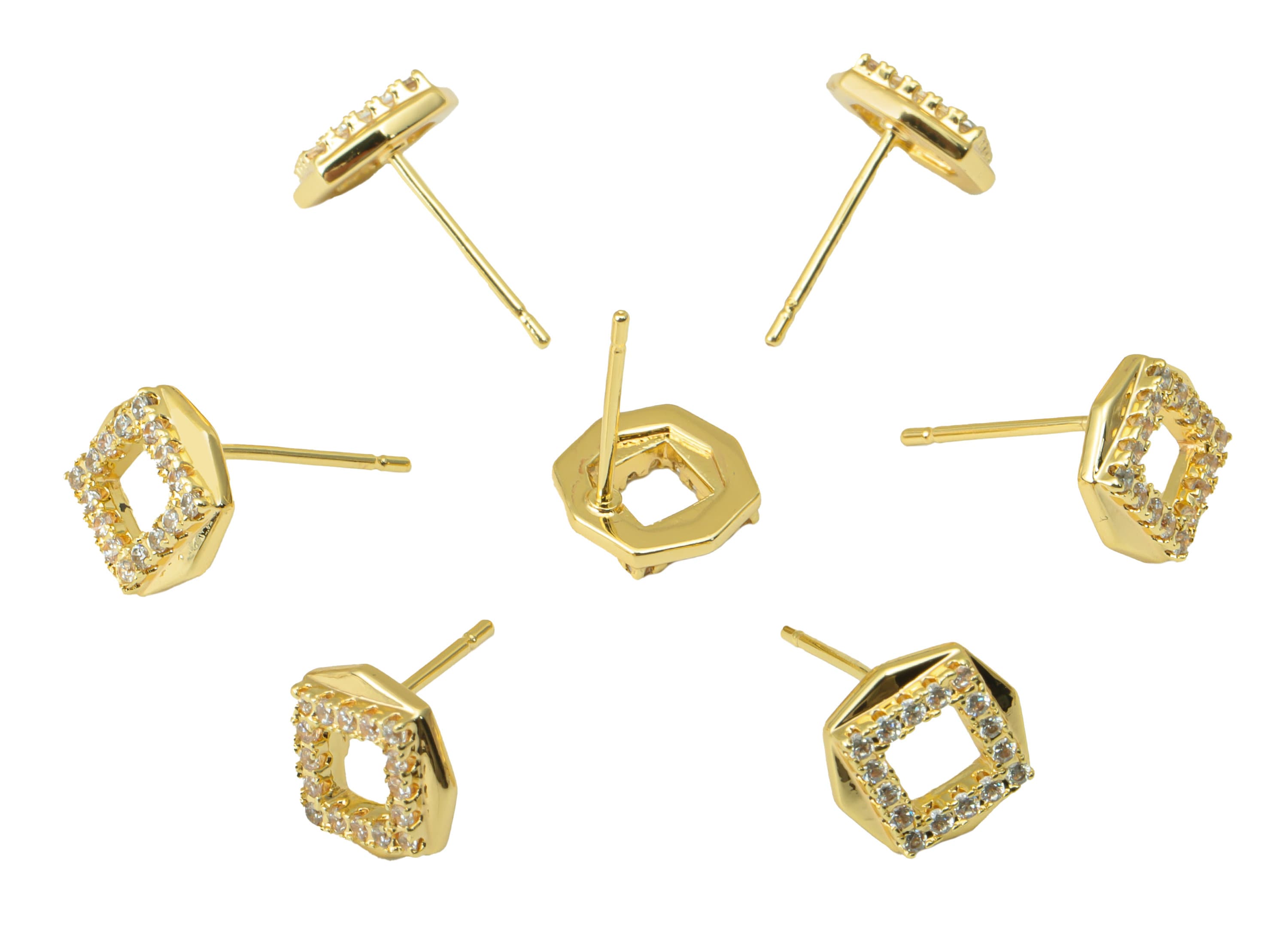 Brass Square Earring Stud - Brass Octagon Earring Post -Cubic Zirconia Earring Post -18K Real Gold Plated - 8.91x8.91x 2.67mm- RGP6422 - DOMEDBAZAAR