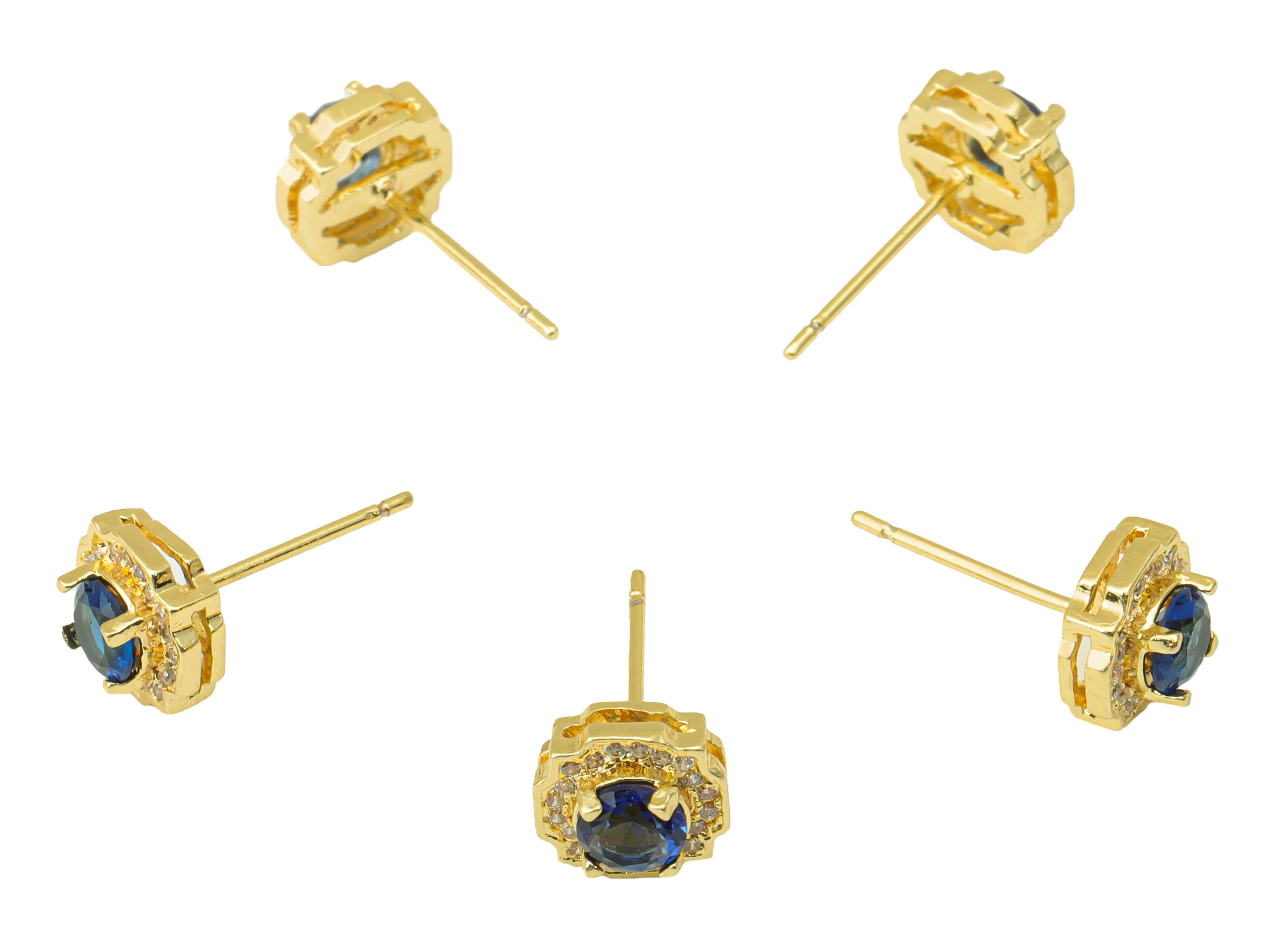 Brass Blue Earring Stud - Brass Round Earring Post - Circle Earring Post -Cubic Zirconia Stud -18K Real Gold Plated - 8x8x5.01mm- RGP6442 - DOMEDBAZAAR