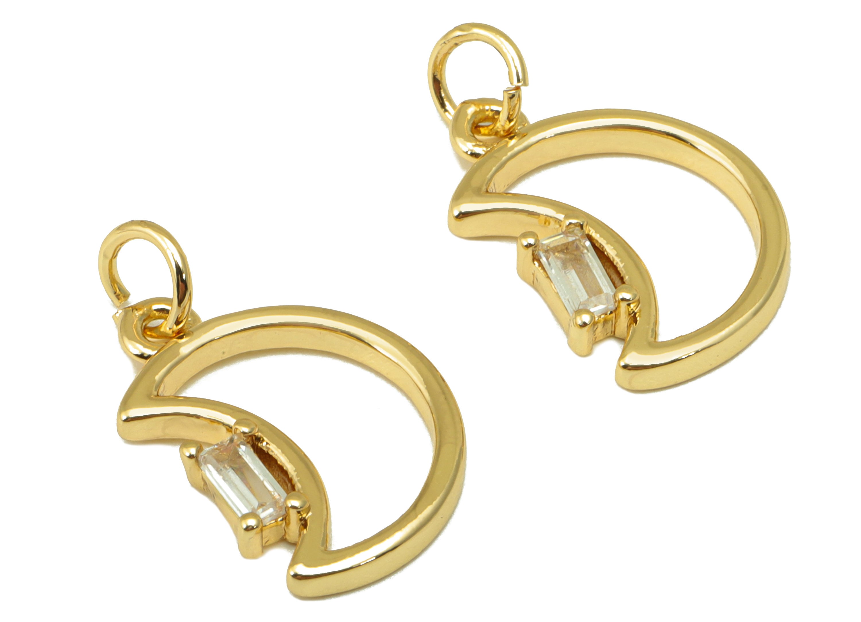 Brass Crescent Earring - Brass Cubic Zirconia Pendant - CZ Emerald For Necklace - 18K Real Gold Plated - 20.45x 11.33 x 2.33mm- RGP6678 - DOMEDBAZAAR