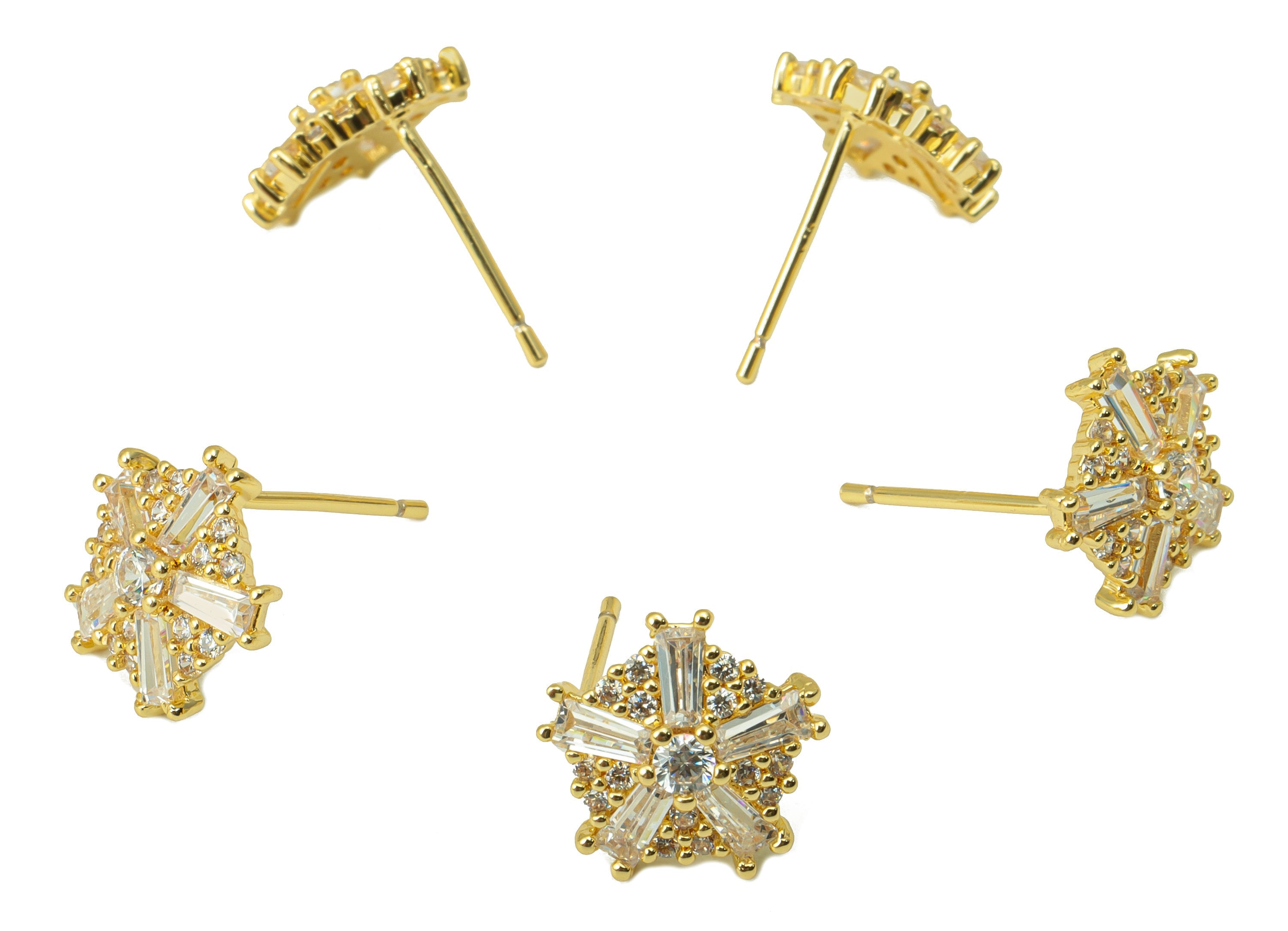 Brass Flower Earring Stud - Pentagon Ladder Earring Post - Dot Earring Post -Cubic Zirconia Stud -18K Real Gold Plated - 12x12x3mm- RGP6443 - DOMEDBAZAAR