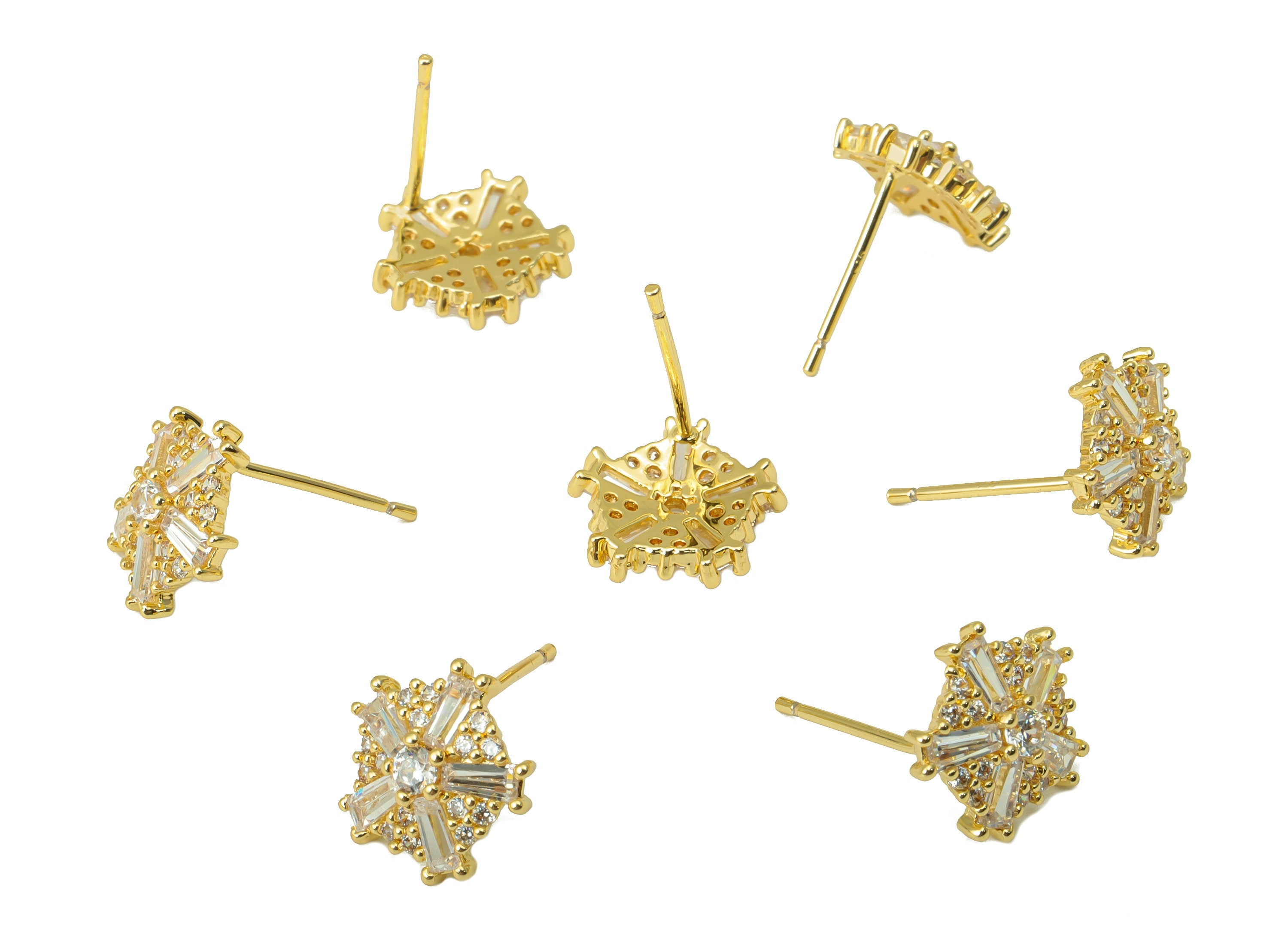 Brass Flower Earring Stud - Pentagon Ladder Earring Post - Dot Earring Post -Cubic Zirconia Stud -18K Real Gold Plated - 12x12x3mm- RGP6443 - DOMEDBAZAAR