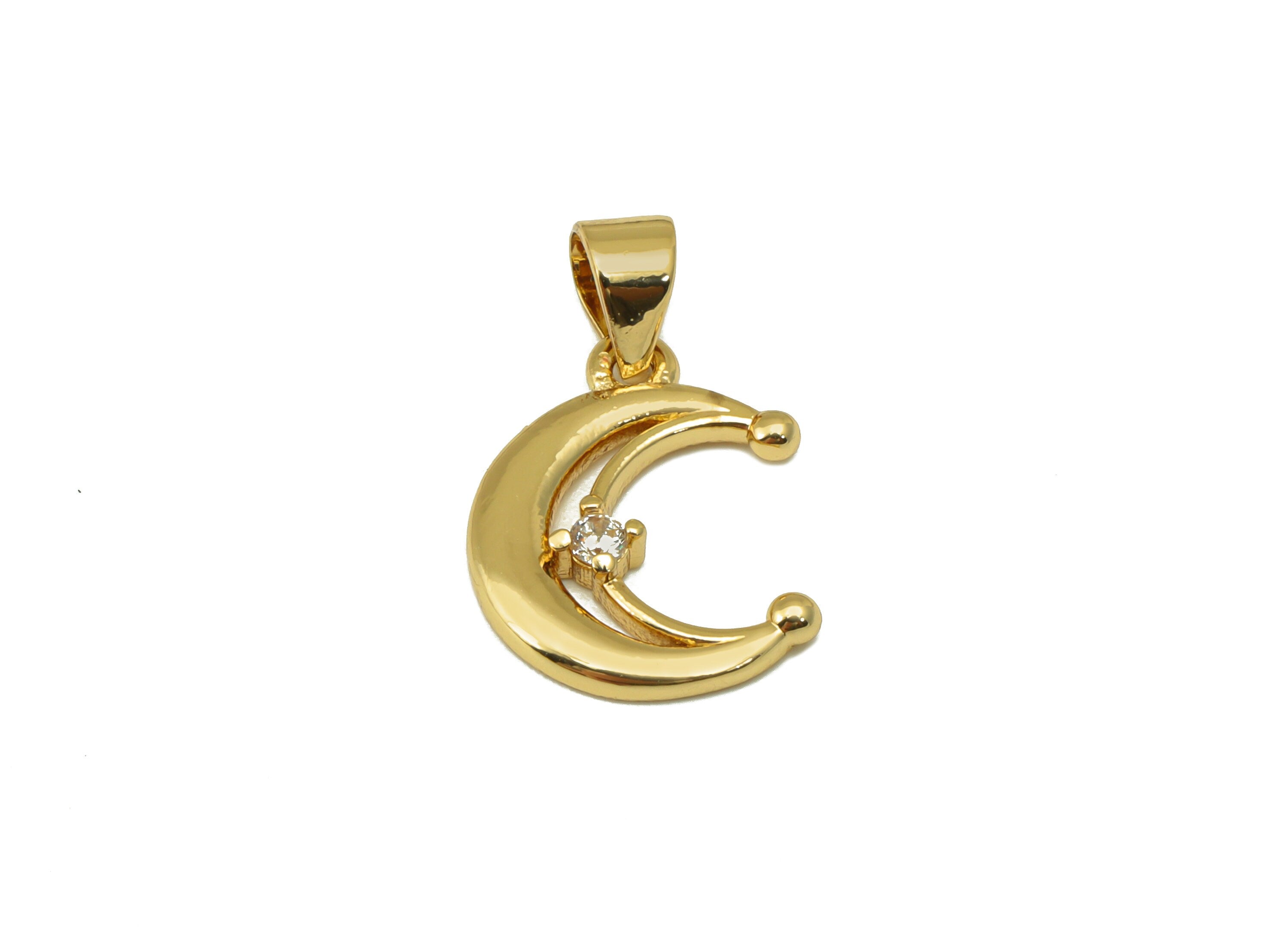 Brass Crescent Earring Charms -Mini Moon Cubic Zirconia Pendant- For Necklace - 18K Real Gold Plated - 19.53 x 12.07 x 2.22mm- RGP6680 - DOMEDBAZAAR