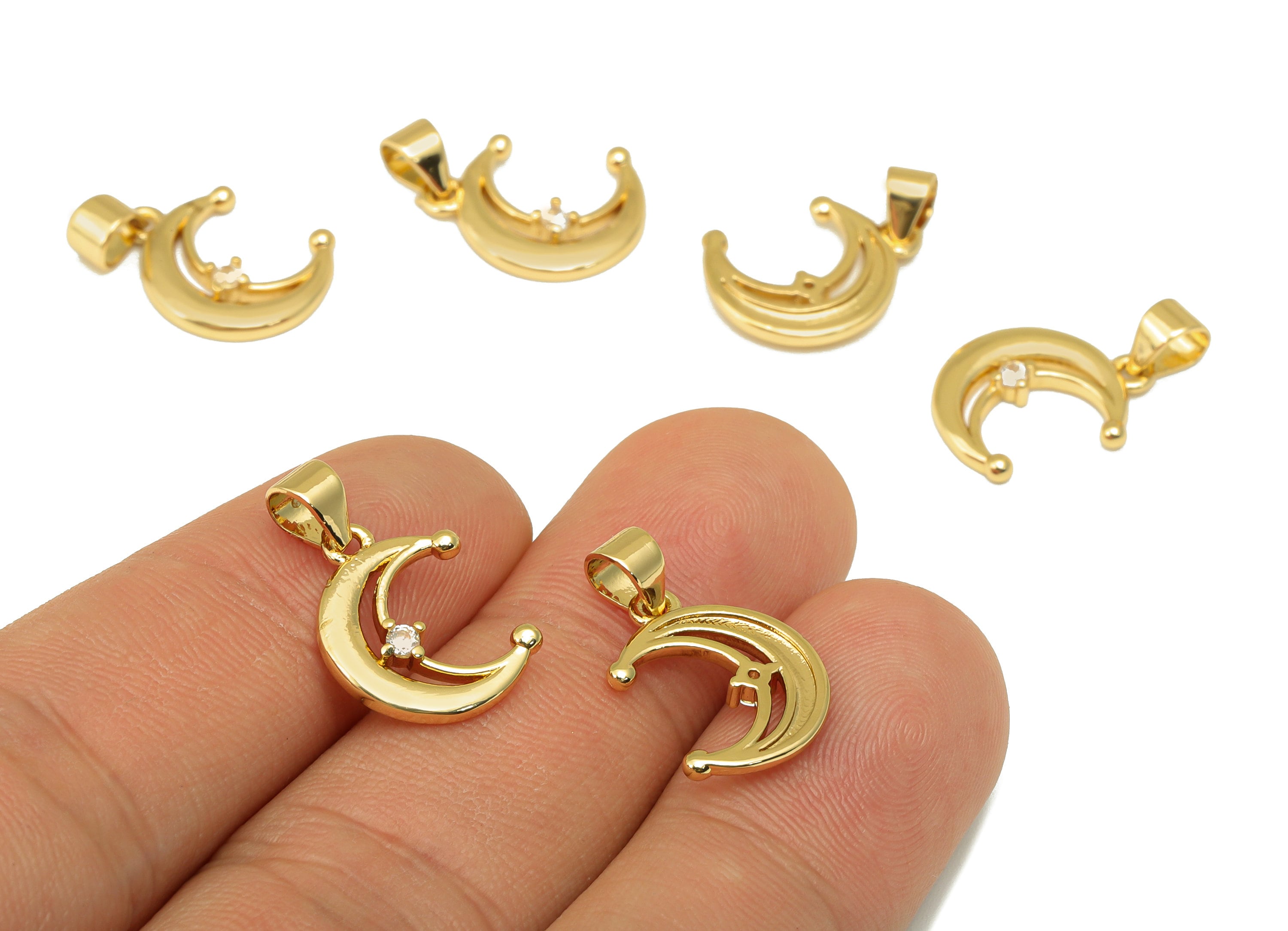 Brass Crescent Earring Charms -Mini Moon Cubic Zirconia Pendant- For Necklace - 18K Real Gold Plated - 19.53 x 12.07 x 2.22mm- RGP6680 - DOMEDBAZAAR
