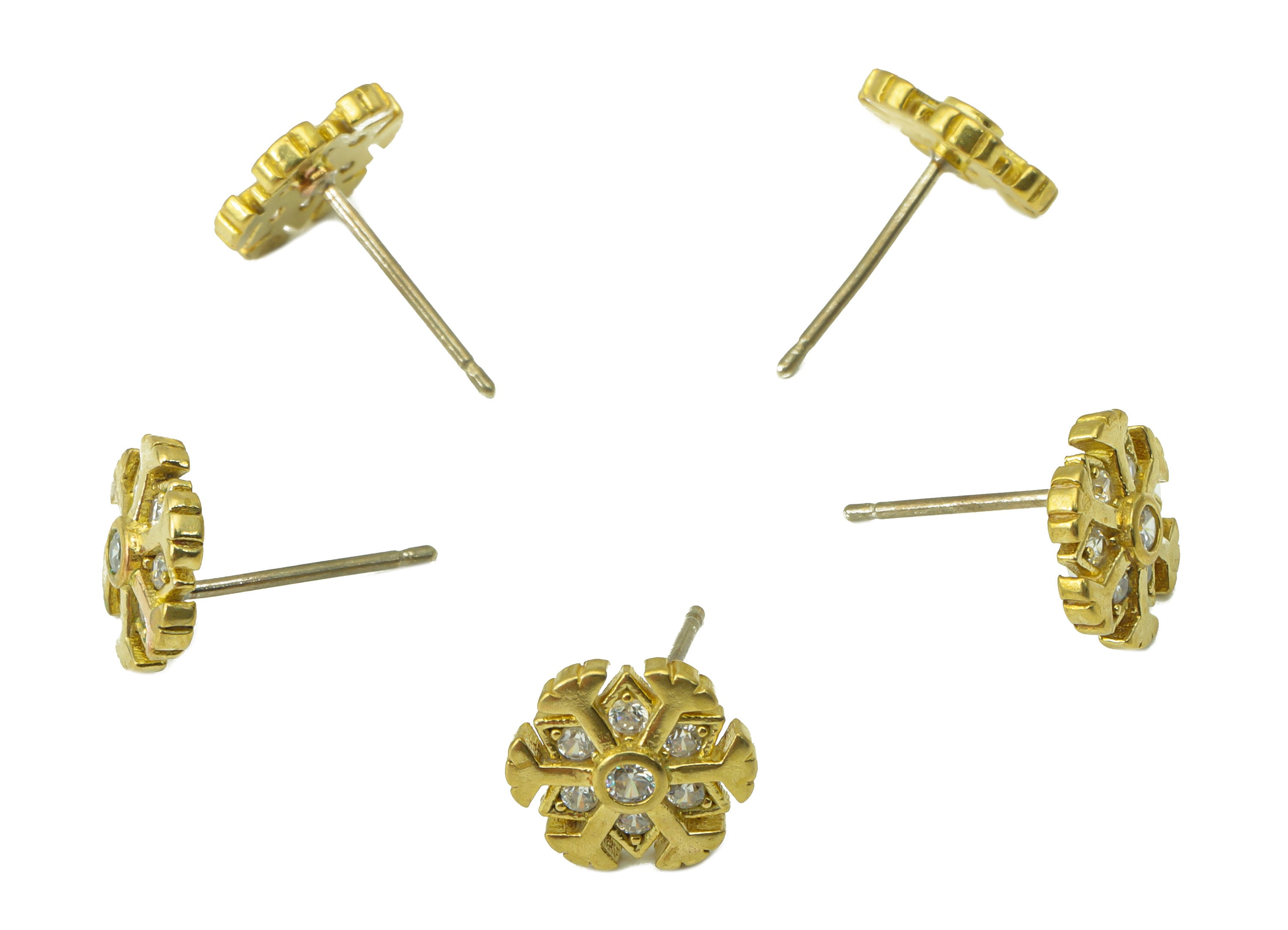 Brass Snowflake Earring Post - Raw Brass Flower Earring Post - Cubic Zircon Earring Post - Jewelry Supplies - 9.76x9.76x2.73mm-PP8428 - DOMEDBAZAAR