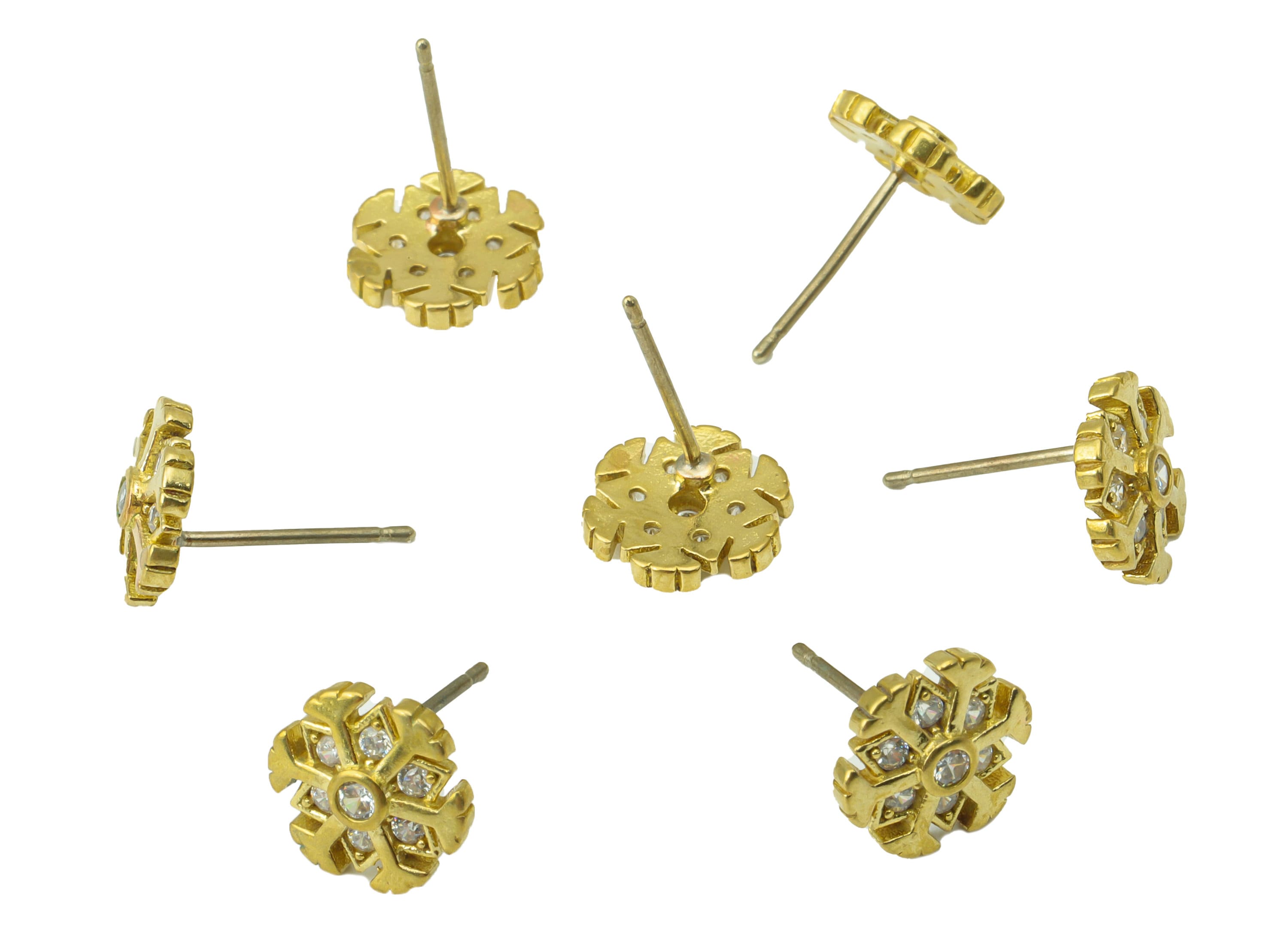 Brass Snowflake Earring Post - Raw Brass Flower Earring Post - Cubic Zircon Earring Post - Jewelry Supplies - 9.76x9.76x2.73mm-PP8428 - DOMEDBAZAAR