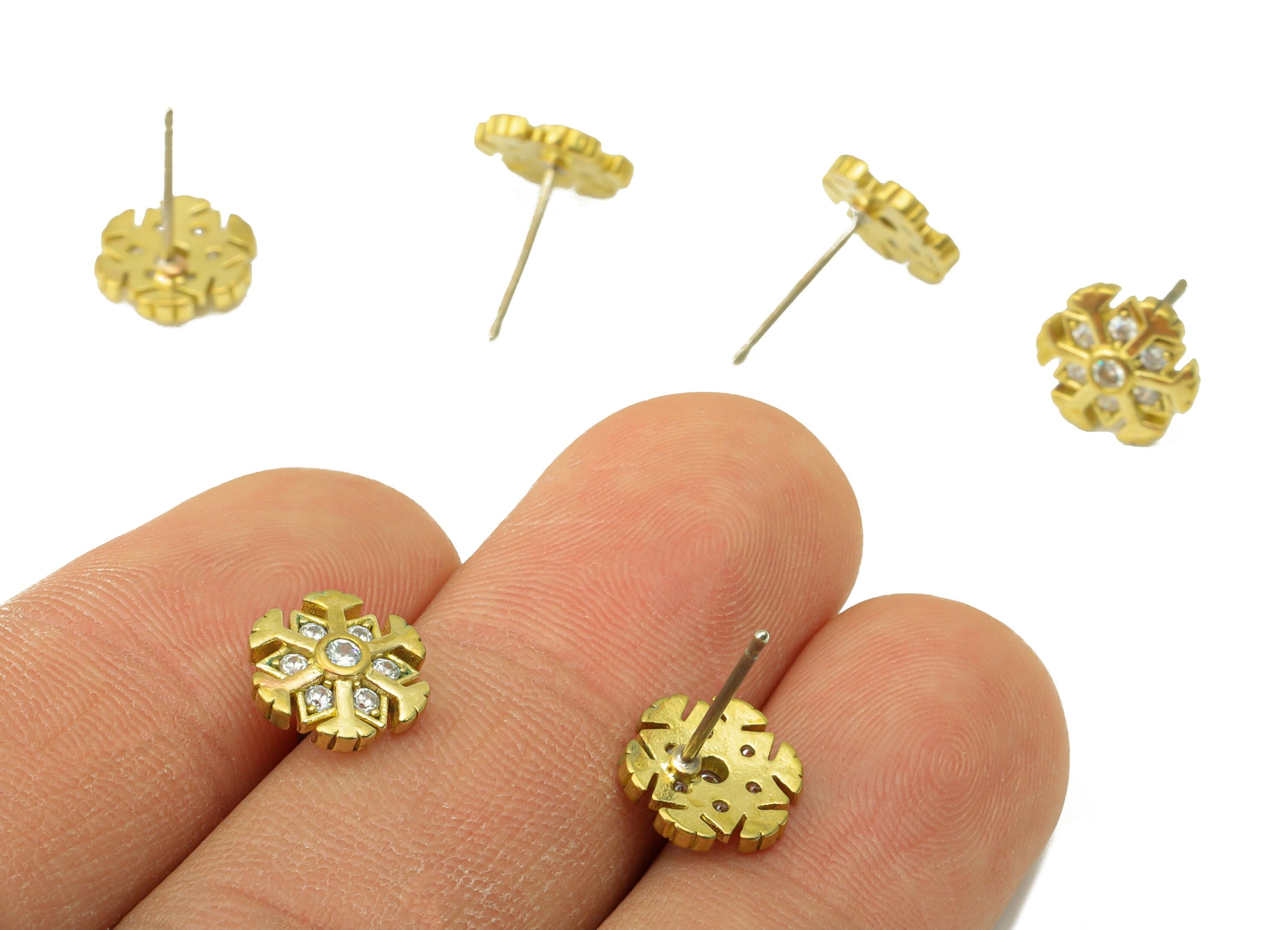 Brass Snowflake Earring Post - Raw Brass Flower Earring Post - Cubic Zircon Earring Post - Jewelry Supplies - 9.76x9.76x2.73mm-PP8428 - DOMEDBAZAAR