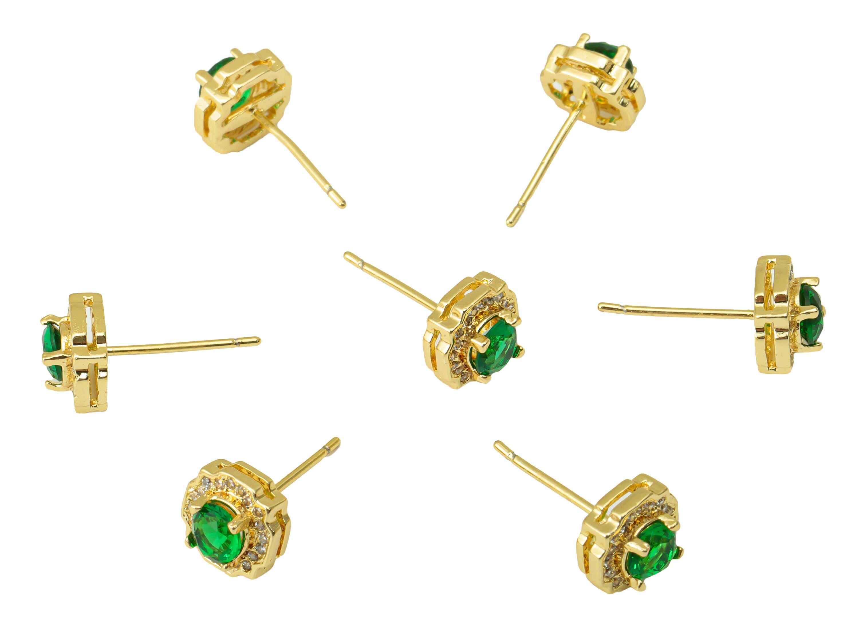 Brass Green Earring Stud - Brass Round Earring Post - Circle Earring Post -Cubic Zirconia Stud -18K Real Gold Plated - 8x8x5.01mm- RGP6447 - DOMEDBAZAAR