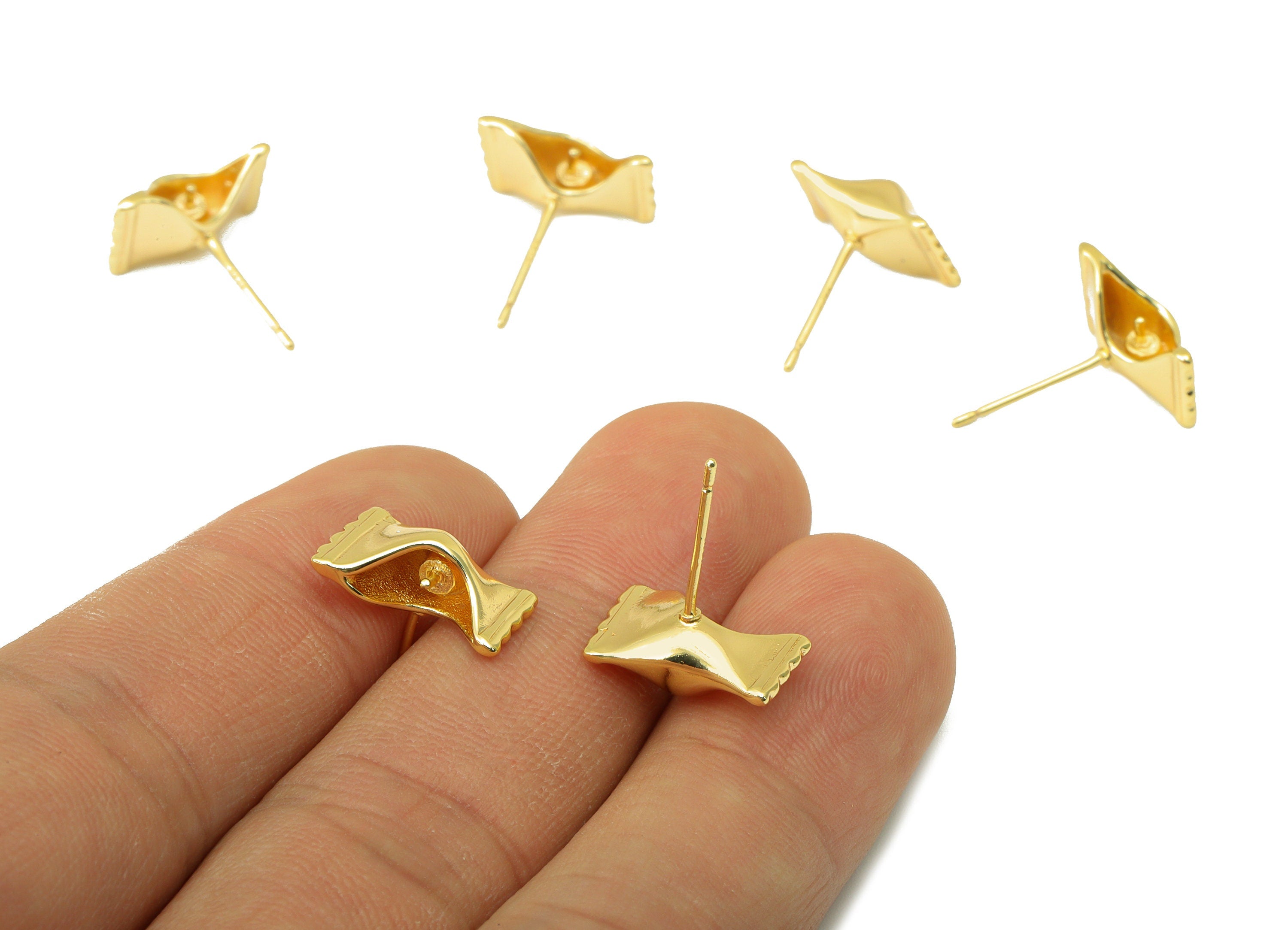 Brass Candy Earring Stud - Brass Sweet Wrapper Earring Post - Candy Earring Post for pearl - for Beads-18K Real Gold Plated-14x9x1mm-RGP6474 - DOMEDBAZAAR