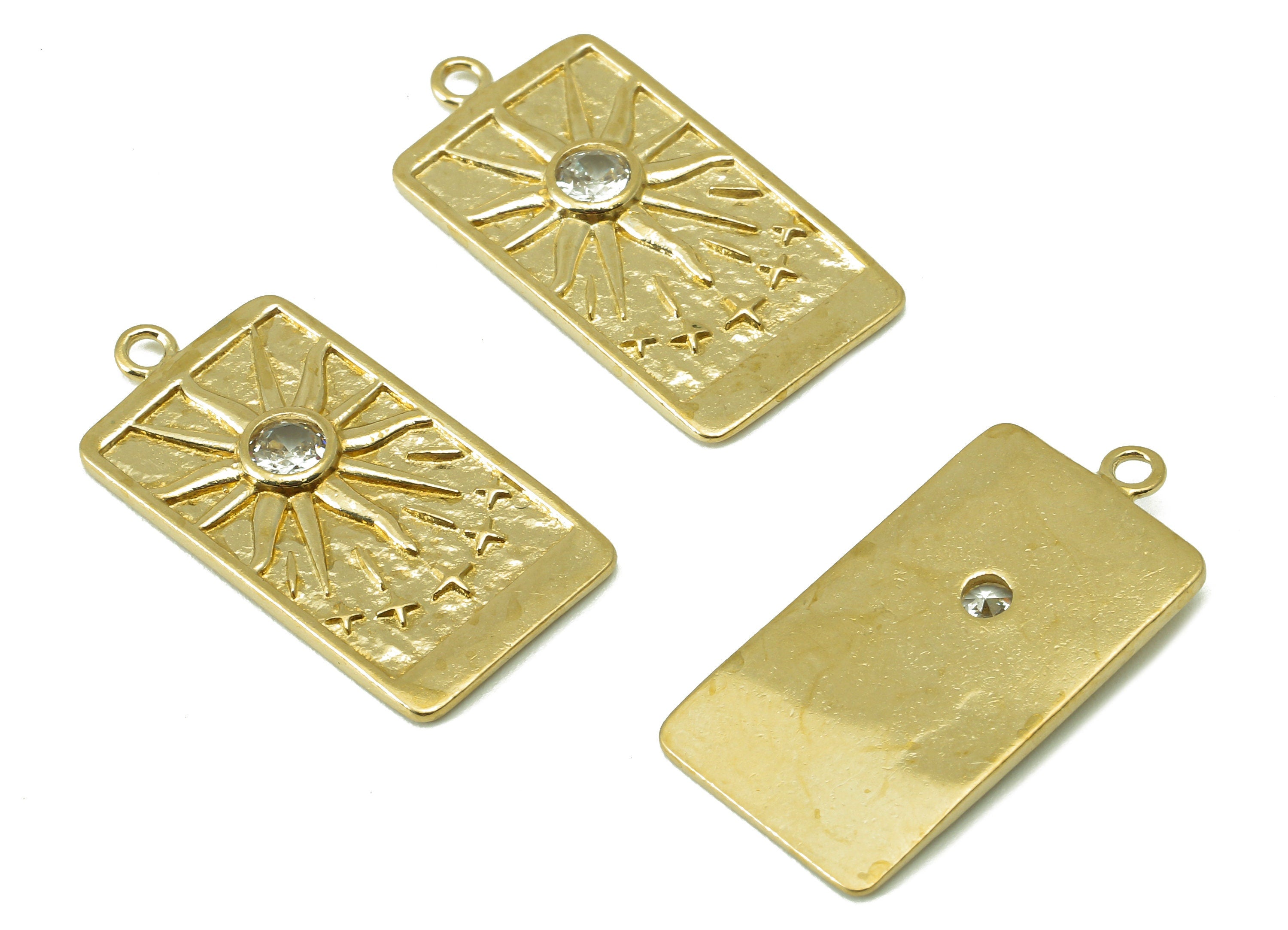 Brass Rectangular Earring Charm - Raw Brass Vintage Tarot Cards Pendant - Cubic Zircon - Sun CZ Charm - For Necklaces-27x13.5x1.98mm-PP8317 - DOMEDBAZAAR