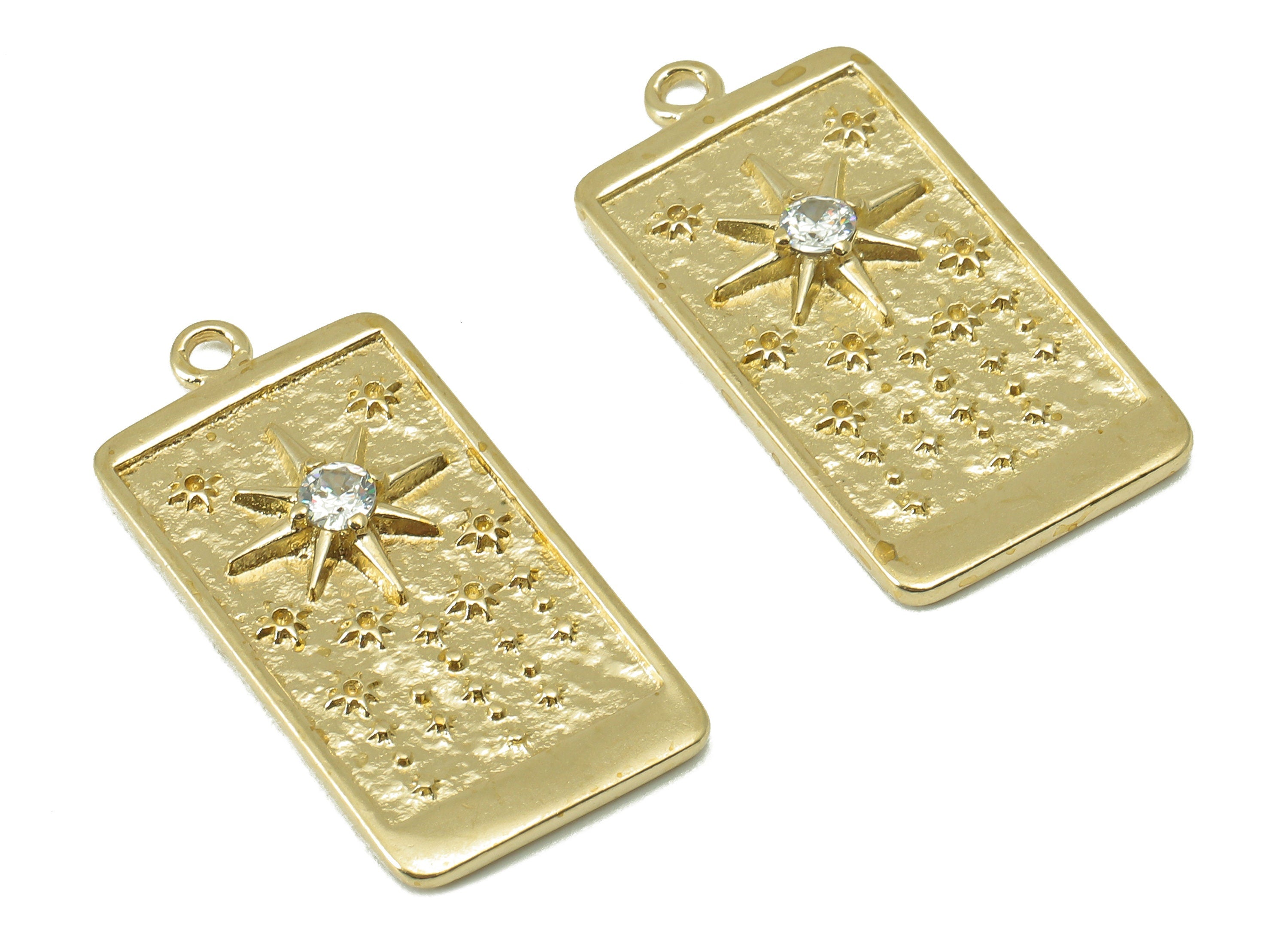 Brass Rectangular Earring Charm - Raw Brass Vintage Tarot Cards Pendant - Cubic Zircon - Sun CZ Charm - For Necklaces-27x13.6x2.6mm-PP8355 - DOMEDBAZAAR