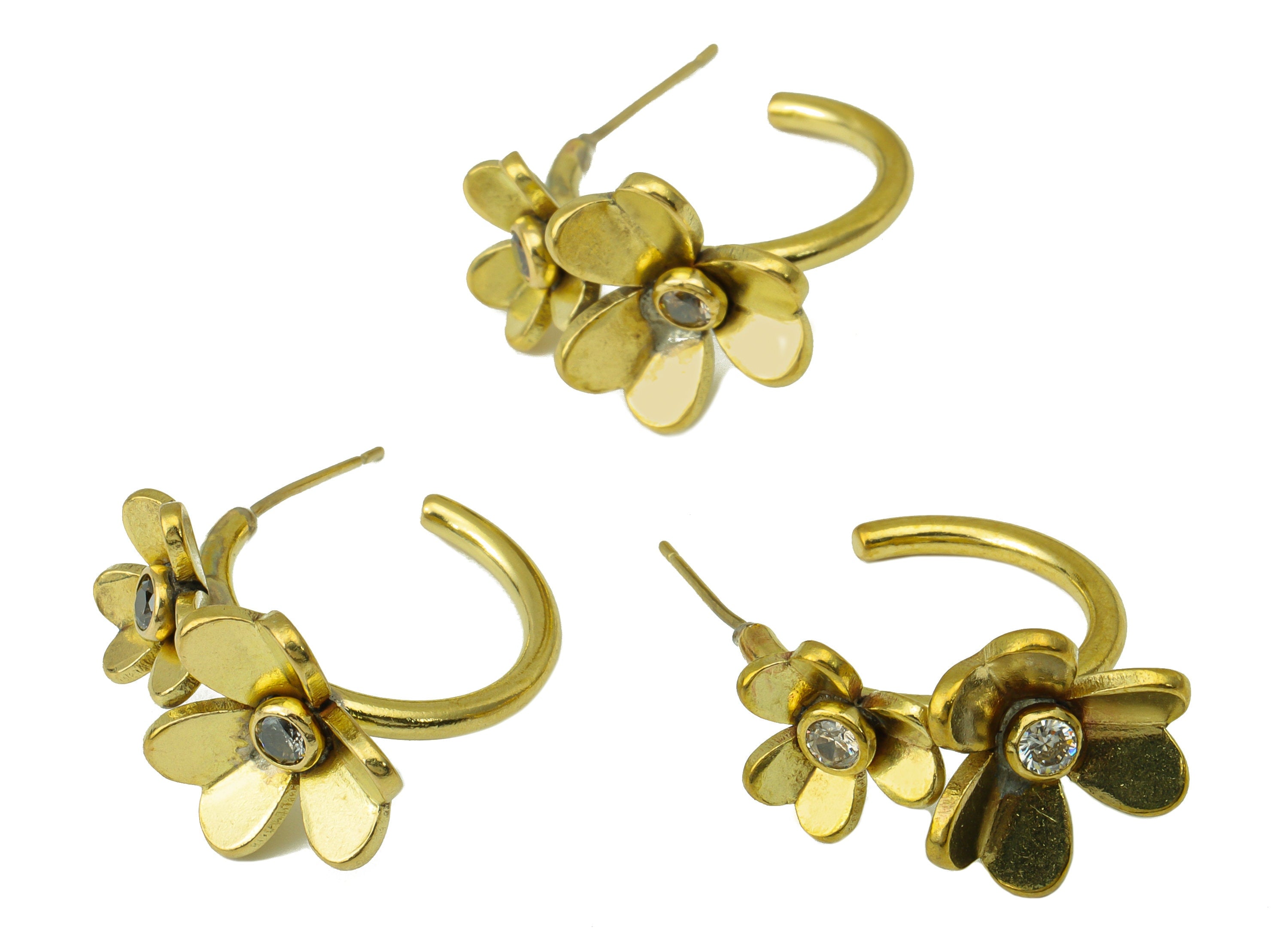 Brass Flowers Hoop Earring –Raw Brass Daisy Stud - Cubic Zircon Flower Stud - Brass Earring Hoop -Jewelry Supplies - 23.9x27.4x5.7mm-PP8417 - DOMEDBAZAAR