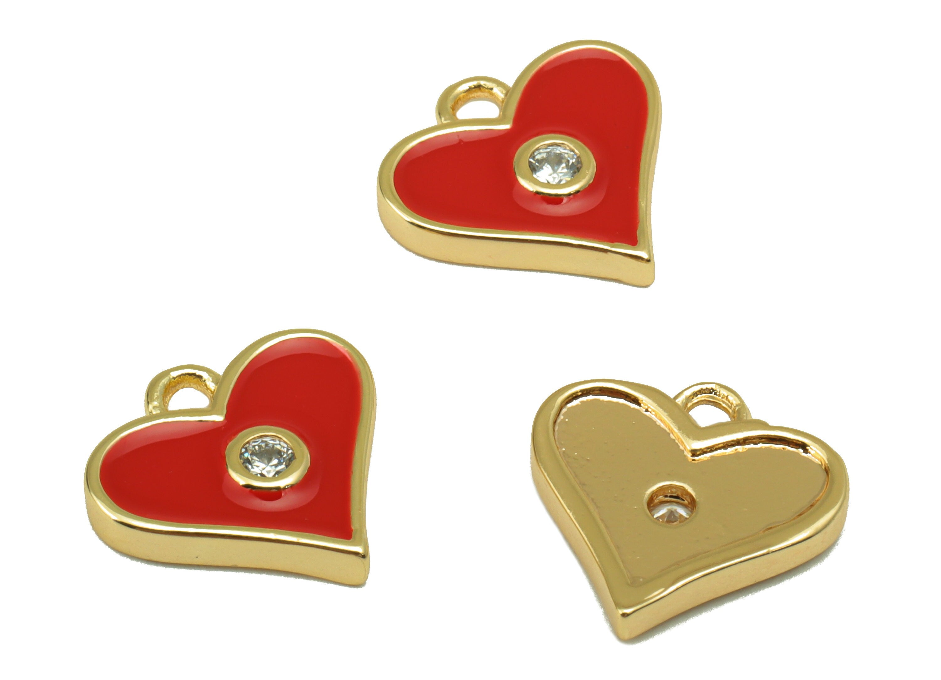 Brass Heart Earring Charm - Red Enamel Cubic Zirconia pendant -Heart CZ Charm - For Necklace - 18k Real Gold Plated - 11x12x1.96mm- RGP5650D - DOMEDBAZAAR