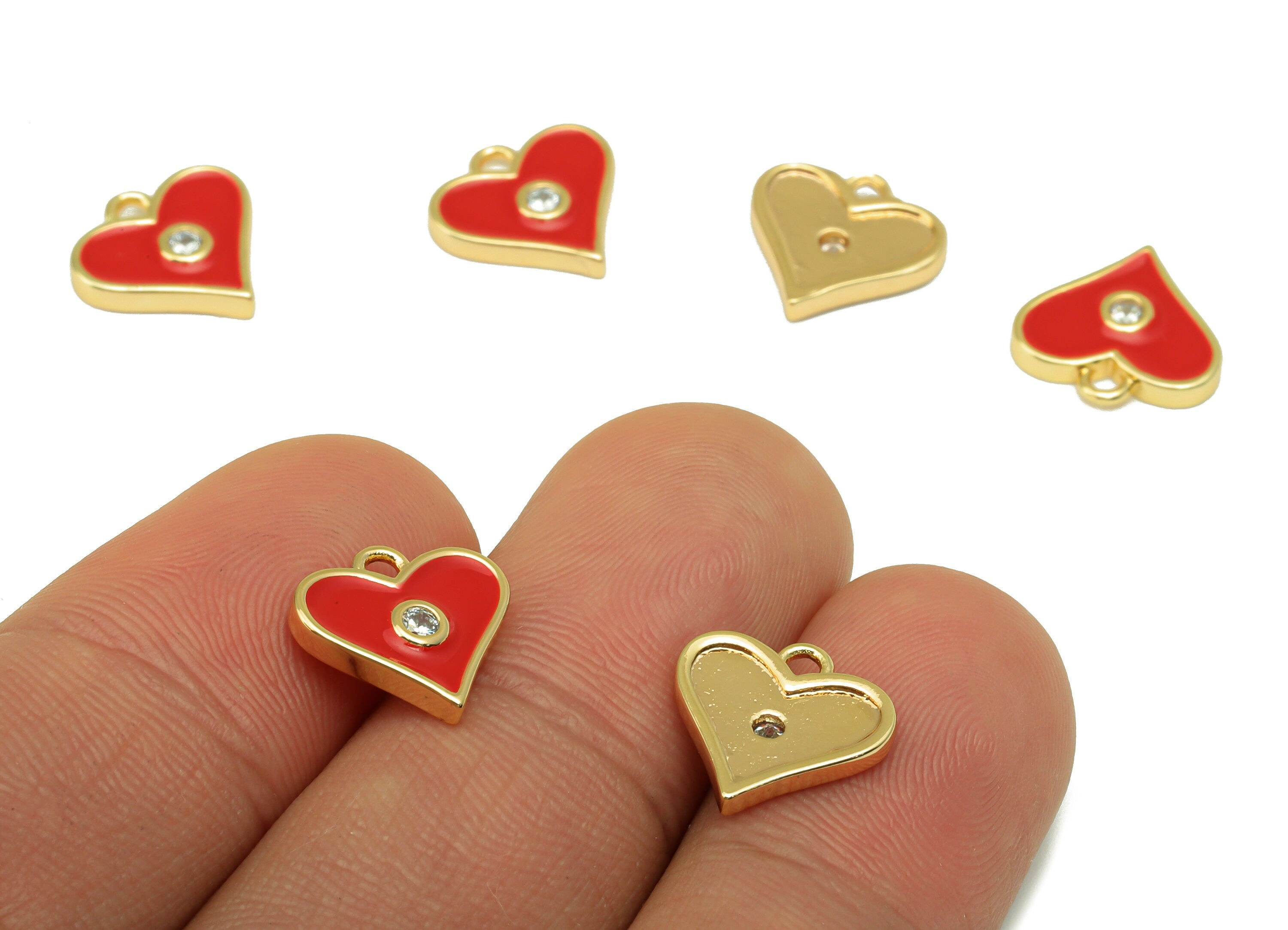 Brass Heart Earring Charm - Red Enamel Cubic Zirconia pendant -Heart CZ Charm - For Necklace - 18k Real Gold Plated - 11x12x1.96mm- RGP5650D - DOMEDBAZAAR