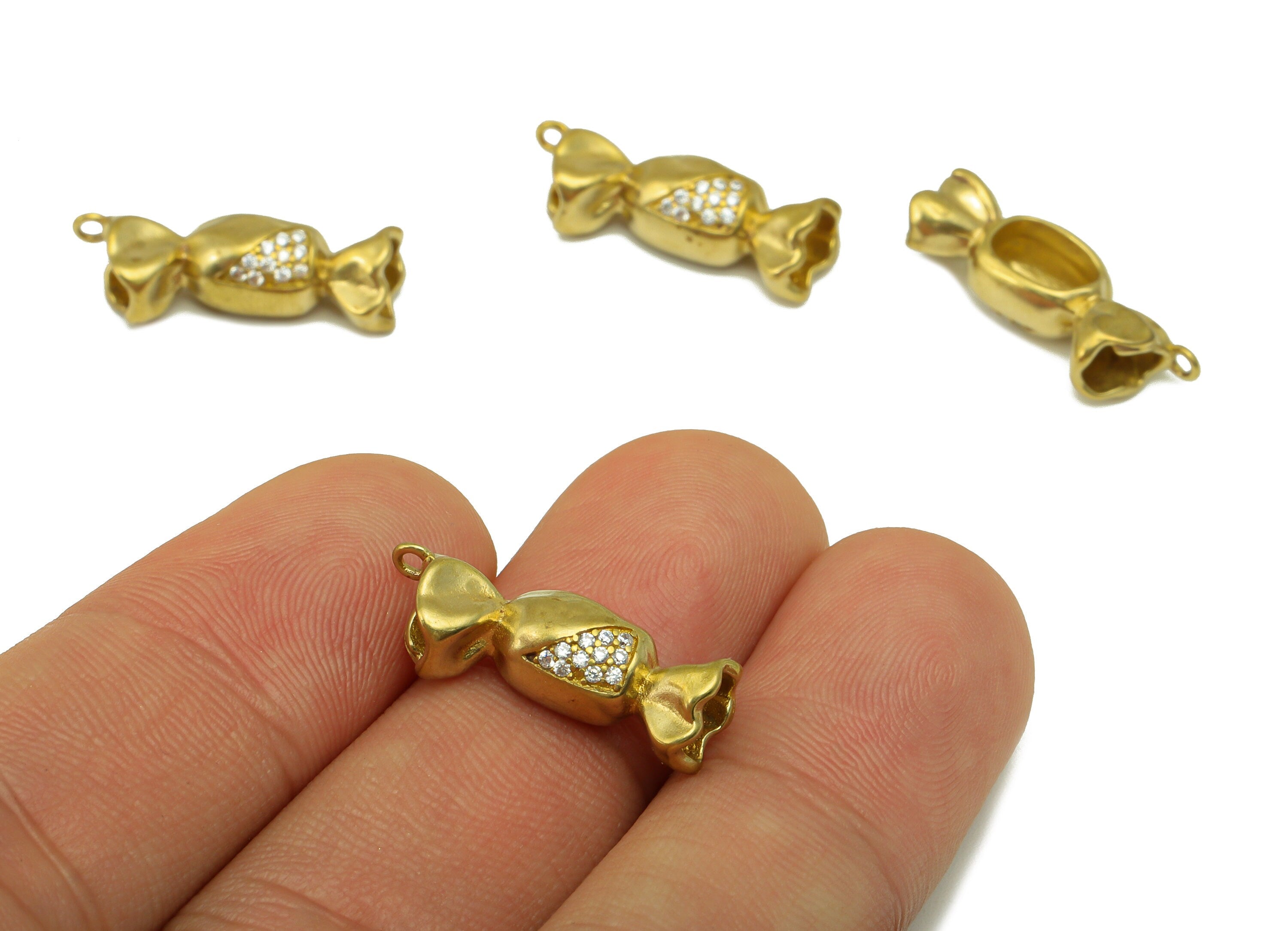 Brass Candy Charm - Raw Brass Candy CZ Pendant - Brass Cubic Zirconia Food Earring Charm - For Necklace -21.97 x 8.07 x 5.32mm - PP8529 - DOMEDBAZAAR