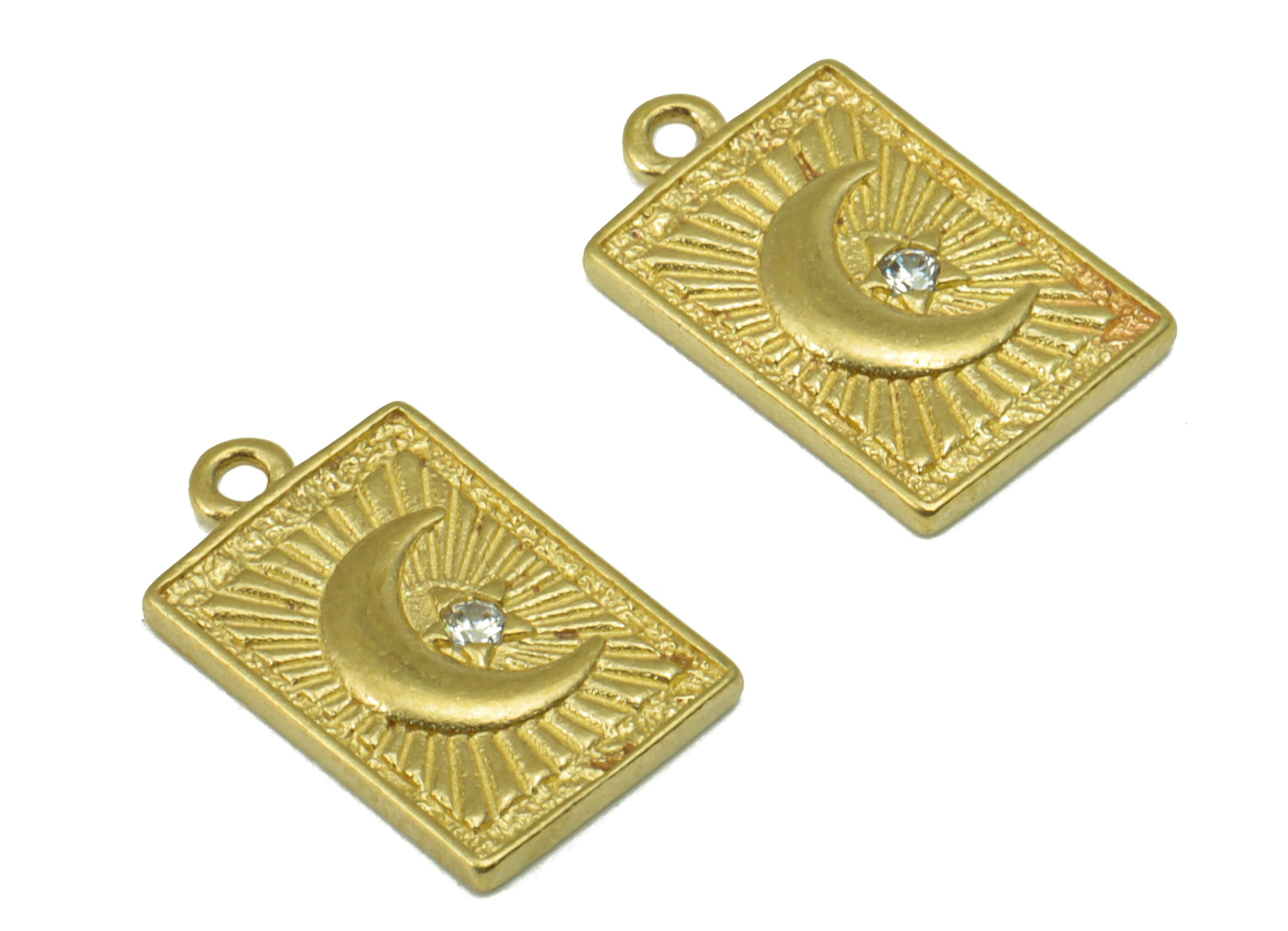 Brass Rectangle Charm - Raw Brass Crescent CZ Pendant - Textured Cubic Zirconia Star Earring Charm - For Necklace -14x 8.68x 1.35mm - PP8531 - DOMEDBAZAAR