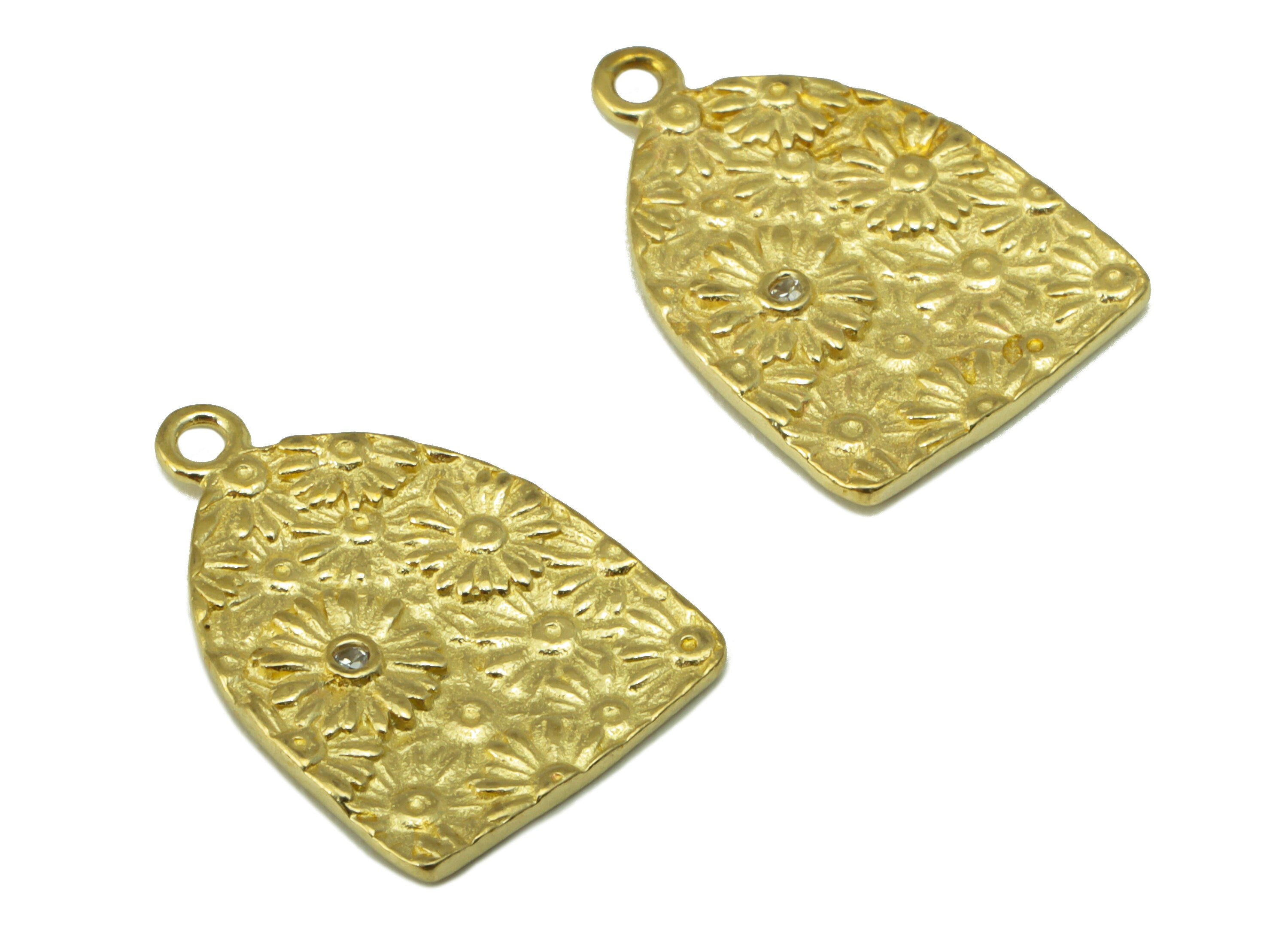 Brass Domed Charm - Raw Brass Daisy CZ Pendant - Textured Cubic Zirconia Flower Earring Charm - For Necklace -17.22x 11.98 x 1.28mm - PP8534 - DOMEDBAZAAR