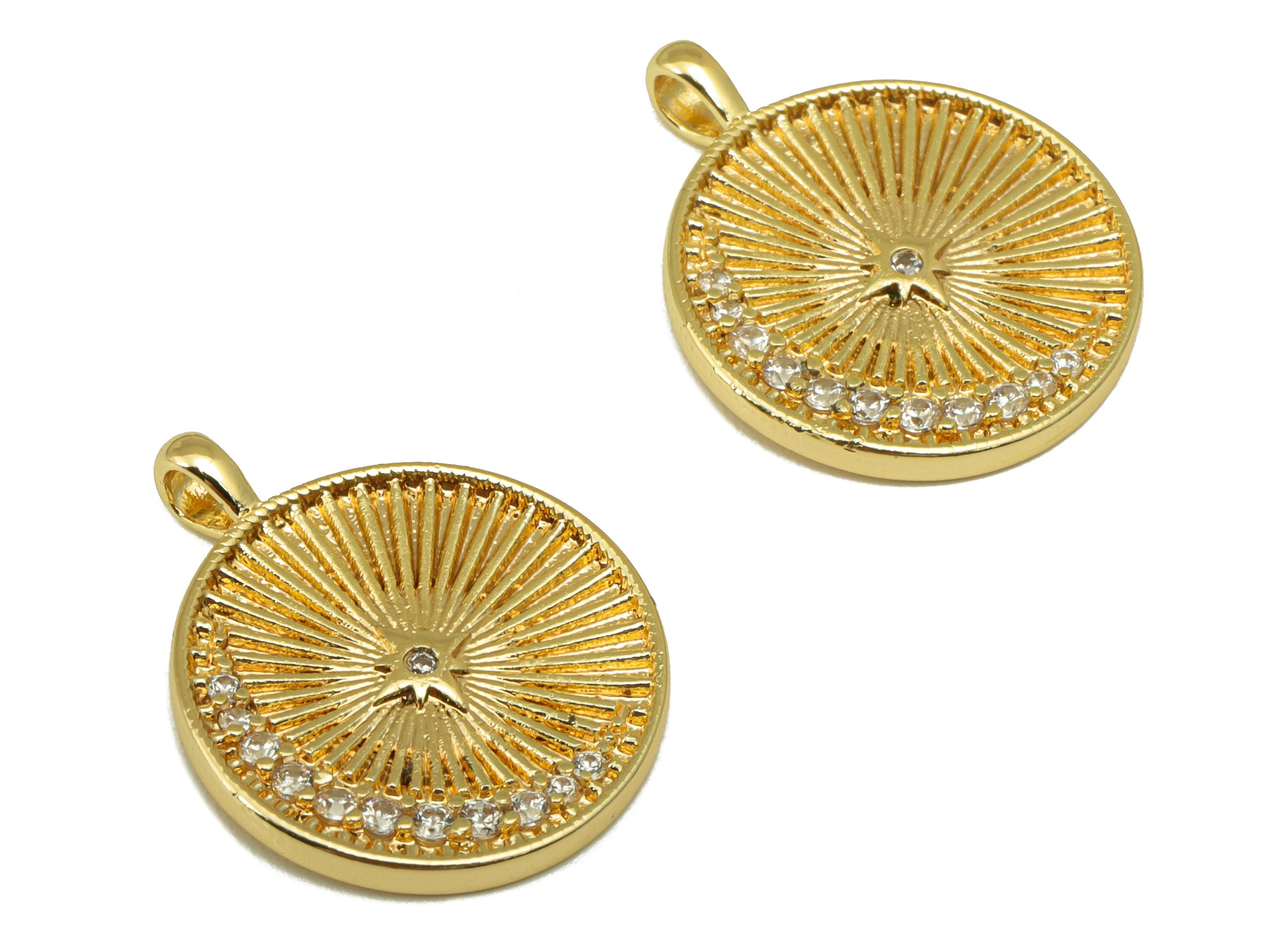 Brass Round Earring Charm -Cubic Zircon Sun Textured Crescent - Moon North Star Pendant -For Necklace-18K Real Gold Plated-21x17x2mm-RGP6492 - DOMEDBAZAAR