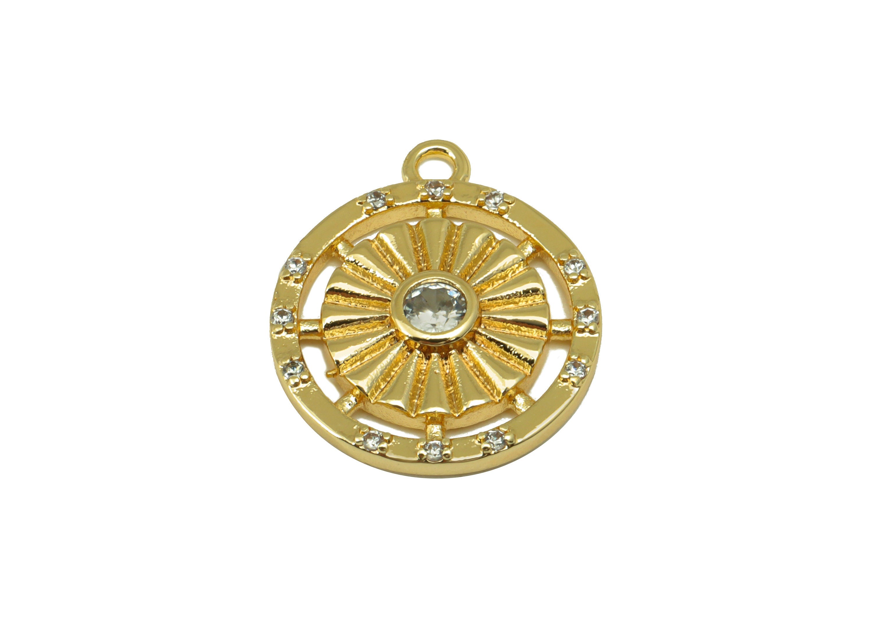 Brass Round Earring Charm - Cubic Zircon Textured Sun Charm -Flower Wavy Pendant - For Necklace- 18K Real Gold Plated -17x15x3mm- RGP6509 - DOMEDBAZAAR