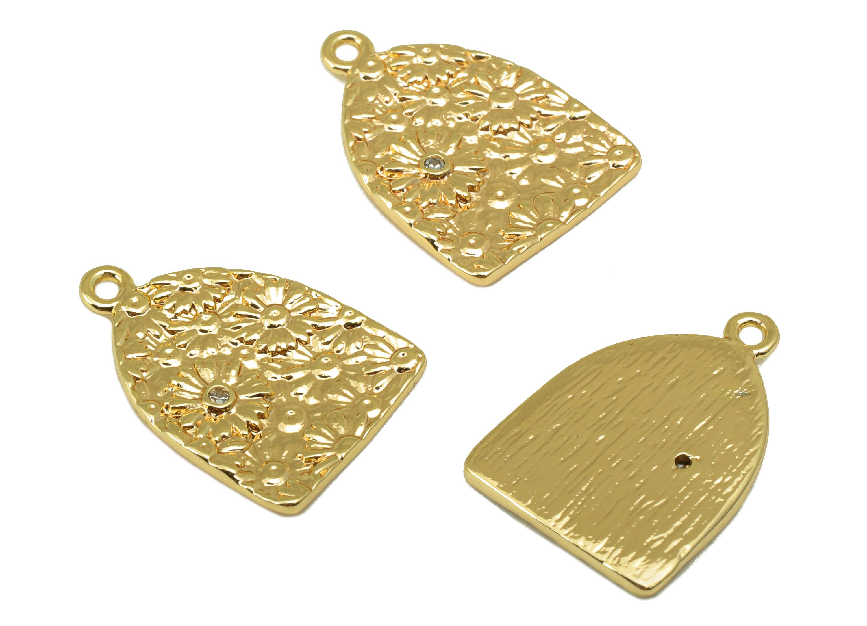Brass Domed Earring Charm - Cubic Zircon Textured Flower Charm -Daisy CZ Pendant - For Necklace -18K Real Gold Plated -17x12x1.22mm- RGP6513 - DOMEDBAZAAR