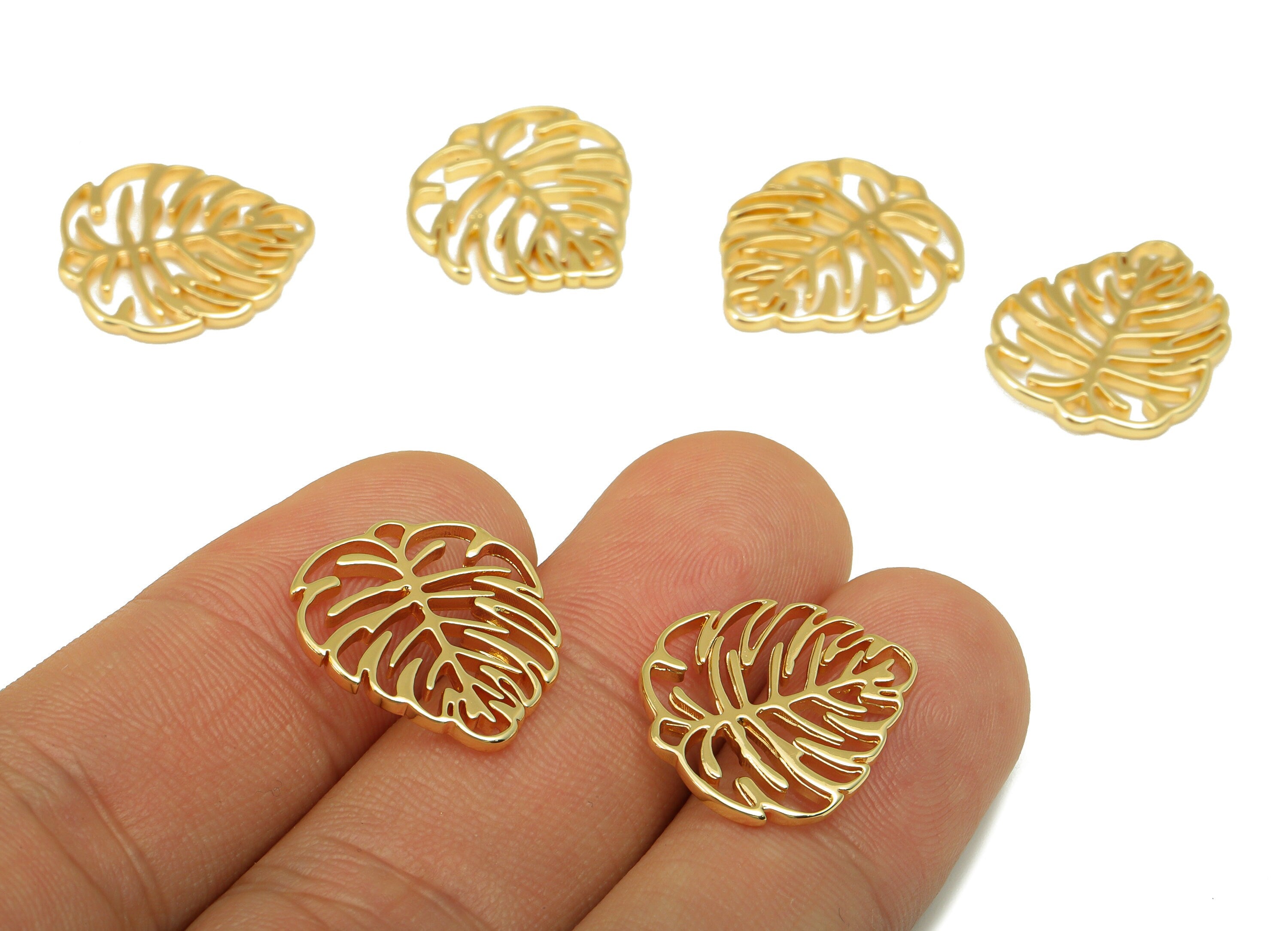 Brass Leaf Earring Charm - Brass Monstera Charm - Brass Botanical Pendant - For Necklace -18K Real Gold Plated -19x17x1.54mm- RGP6514 - DOMEDBAZAAR