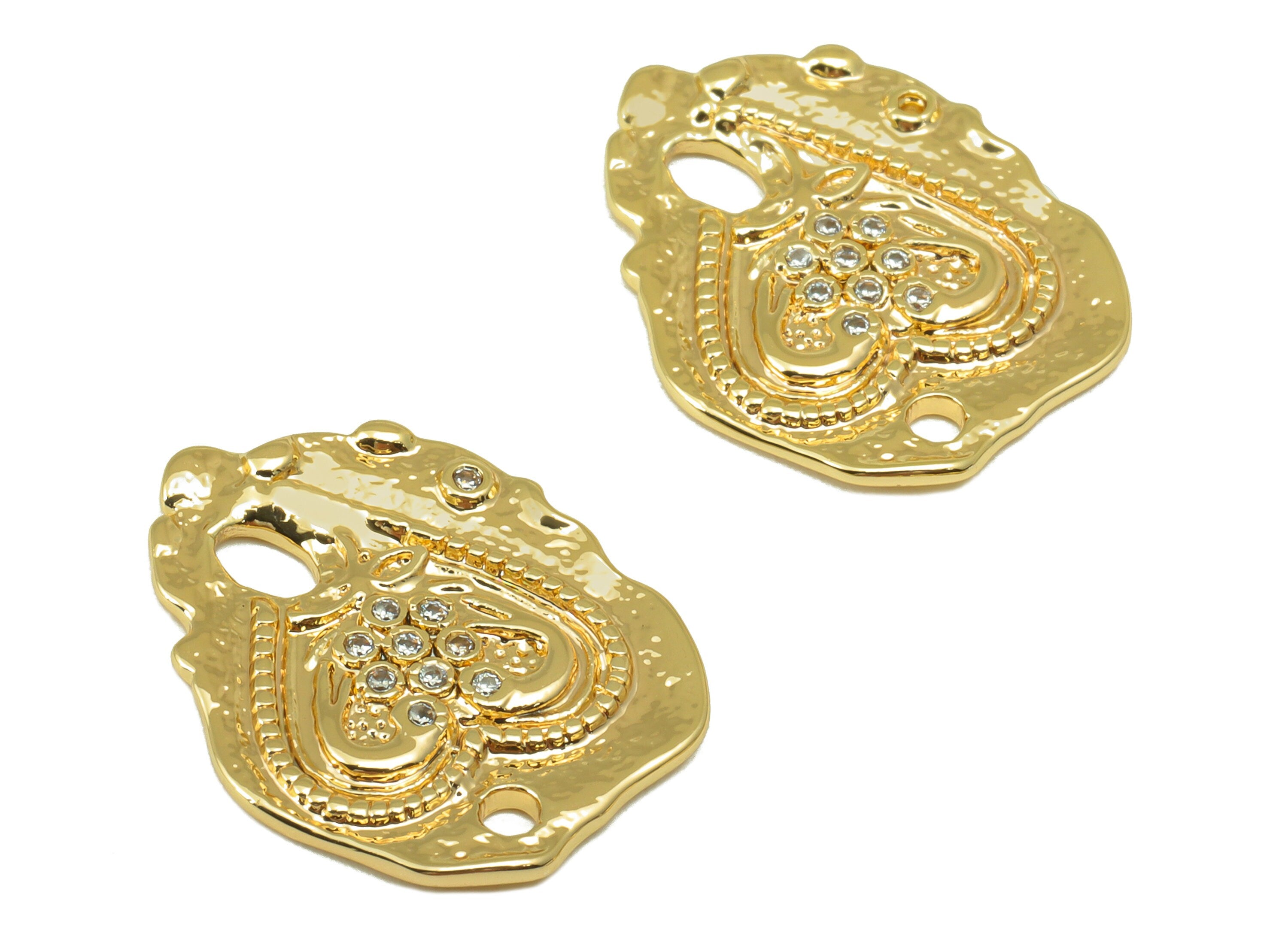Brass Textured Earring Charm - Heart CZ Charm -Cubic Zirconia Antique Looking Pendant- For Necklace-18K Real Gold Plated -20x16x1mm- RGP6532 - DOMEDBAZAAR