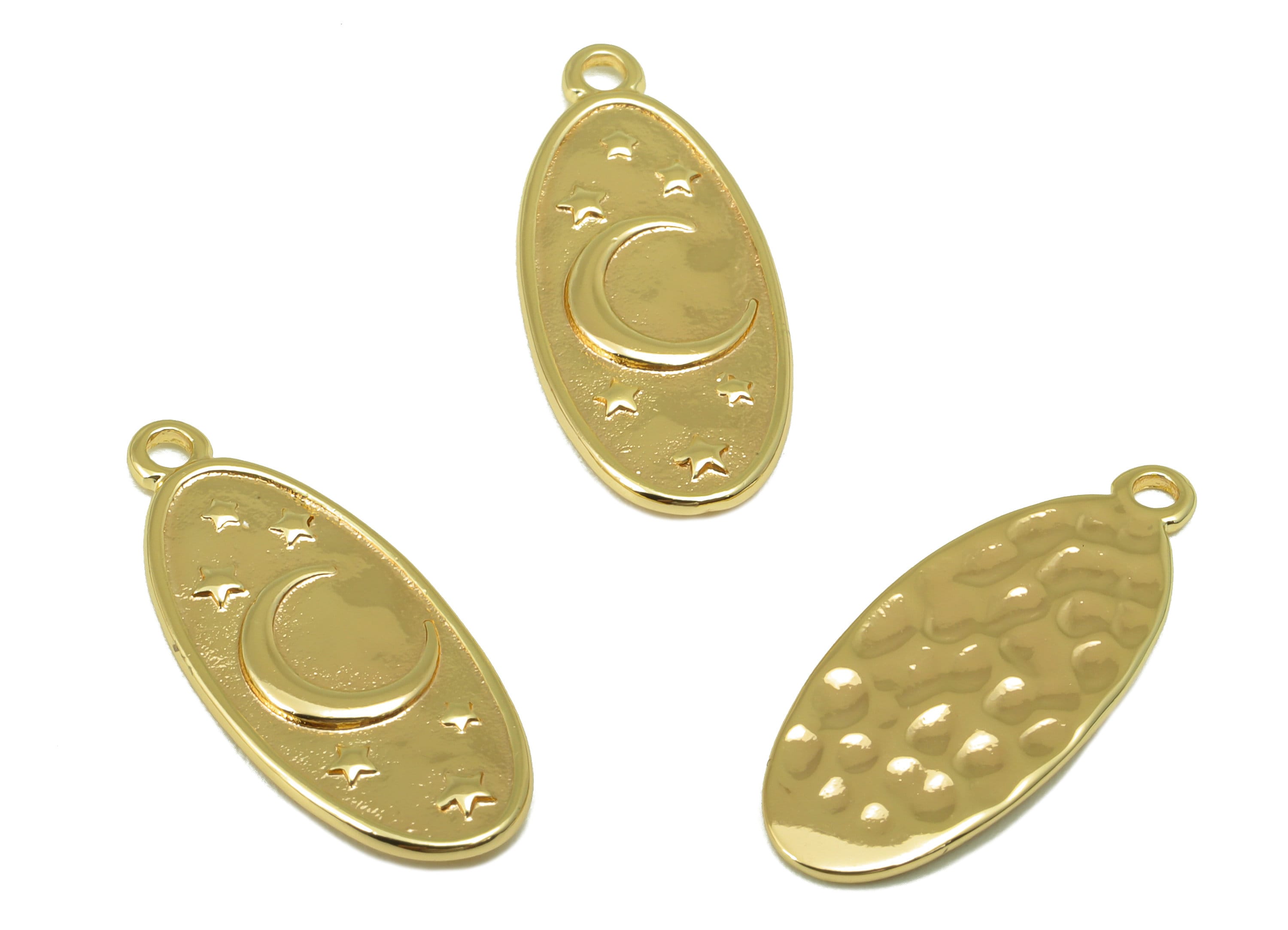 Brass Ellipse Earring Charm - Brass Crescent Night Sky Charm - Oval Moon Star Pendant- For Necklace - 18K Real Gold Plated-24x10x1mm-RGP6533 - DOMEDBAZAAR