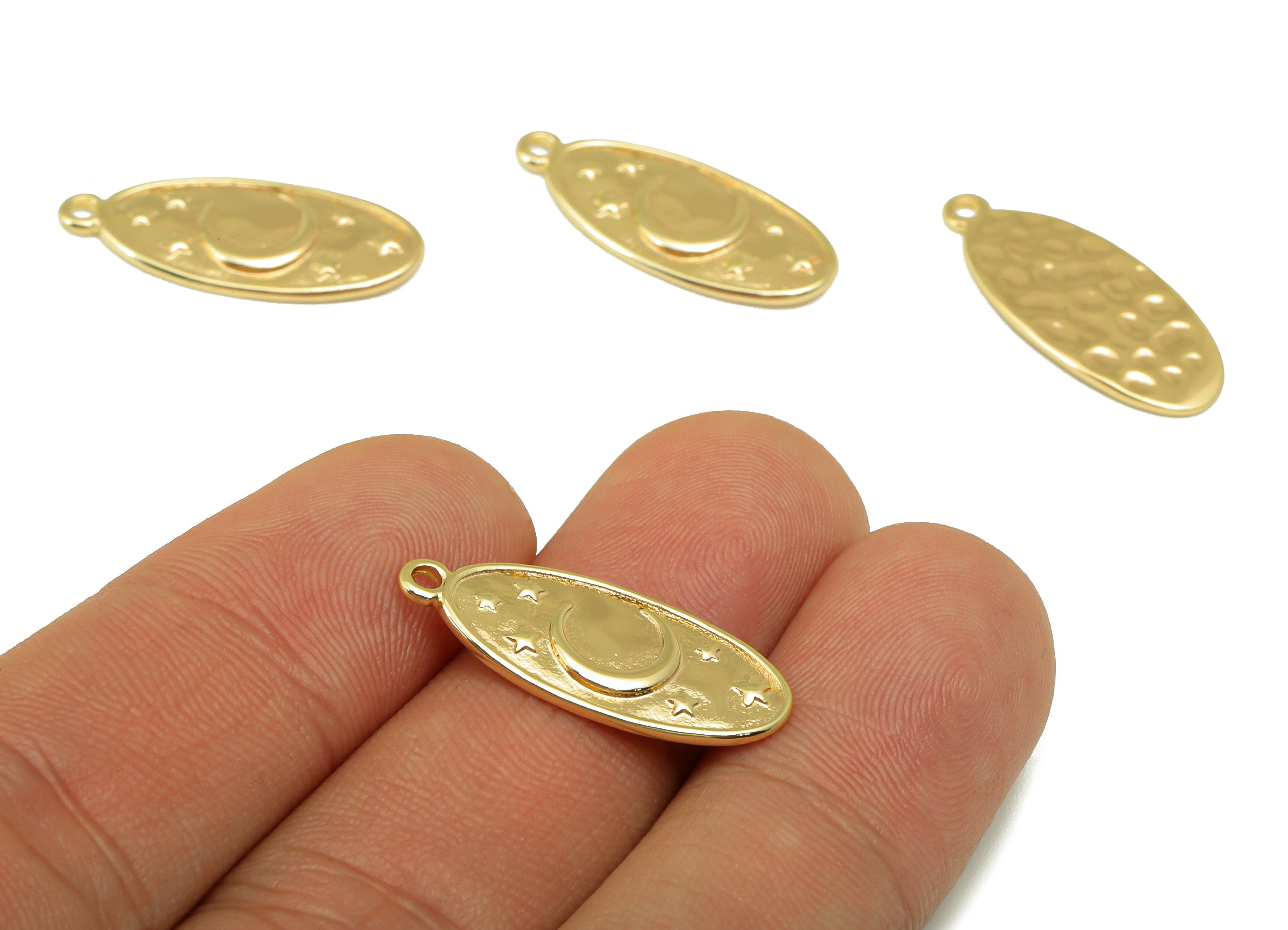 Brass Ellipse Earring Charm - Brass Crescent Night Sky Charm - Oval Moon Star Pendant- For Necklace - 18K Real Gold Plated-24x10x1mm-RGP6533 - DOMEDBAZAAR