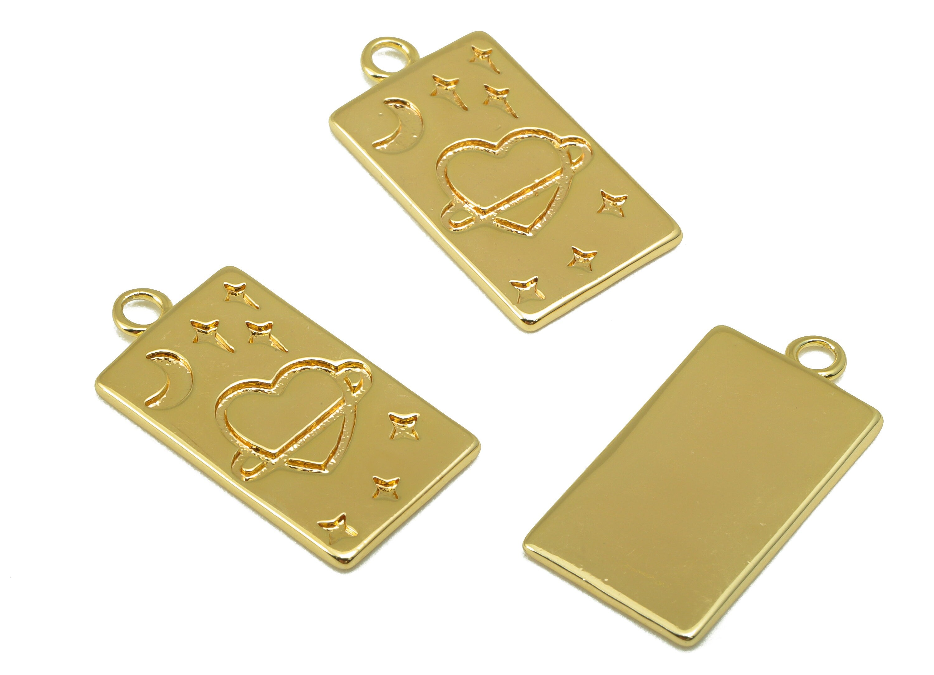 Brass Rectangle Earring Charm - Brass Crescent Star Charm - Surround Heart Pendant- For Necklace - 18K Real Gold Plated -22x11x1mm- RGP6534 - DOMEDBAZAAR