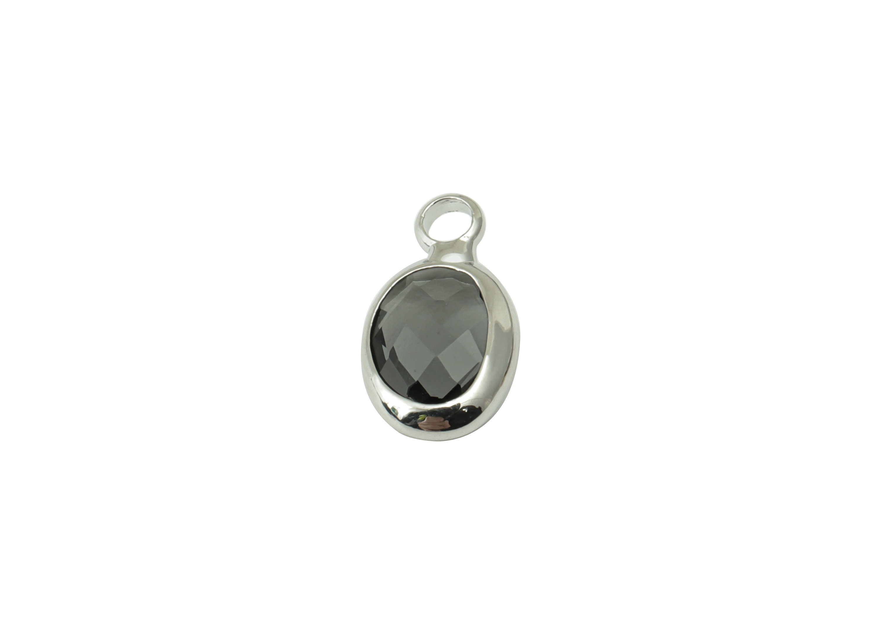 Faceted Glass Ellipse Earring Charms - Brass Gray Oval Pendant - Silver Tone Plated Brass With Loop - Faceted Glass - 12x7x3.5mm - GS1068S - DOMEDBAZAAR