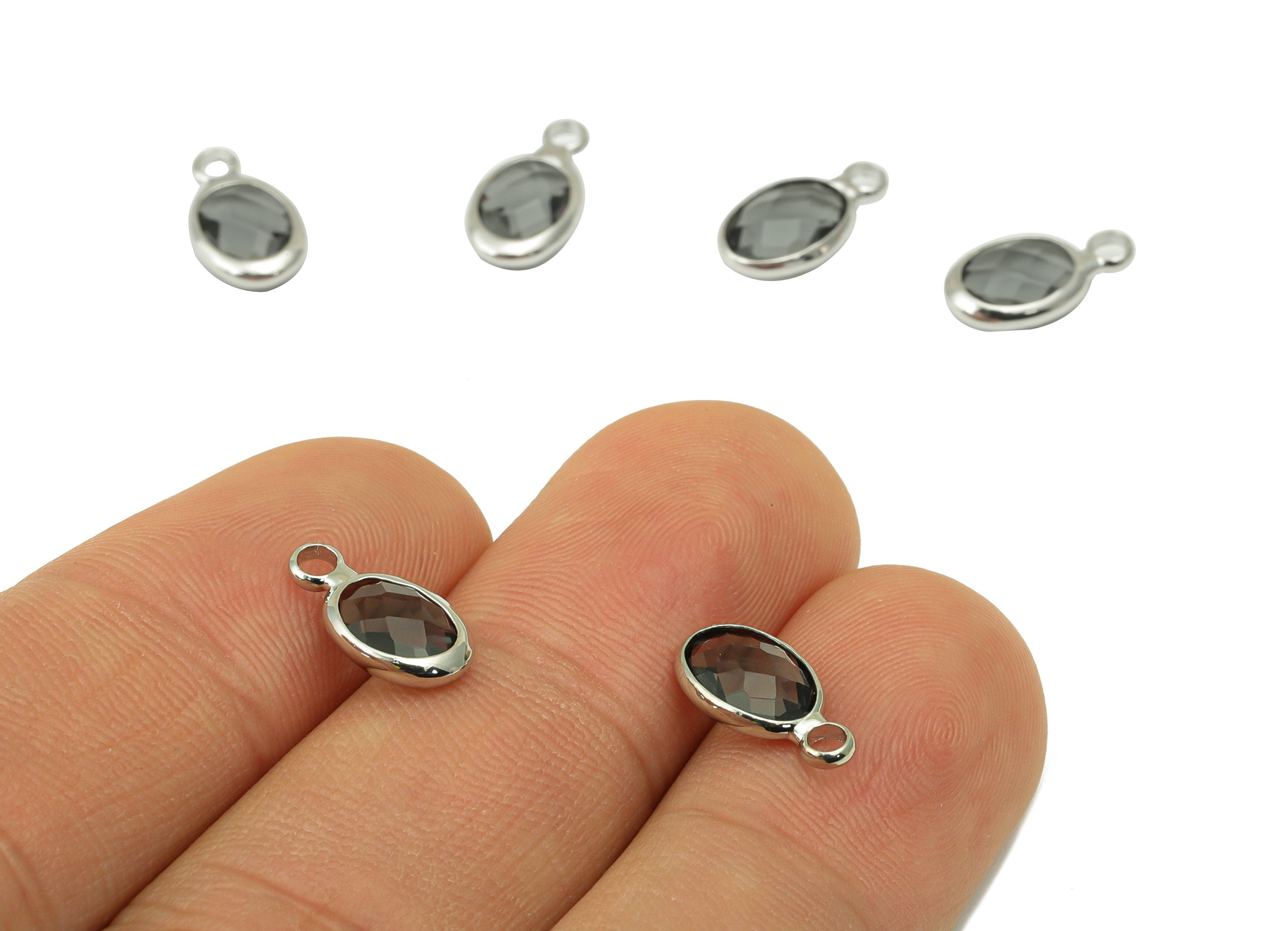 Faceted Glass Ellipse Earring Charms - Brass Gray Oval Pendant - Silver Tone Plated Brass With Loop - Faceted Glass - 12x7x3.5mm - GS1068S - DOMEDBAZAAR