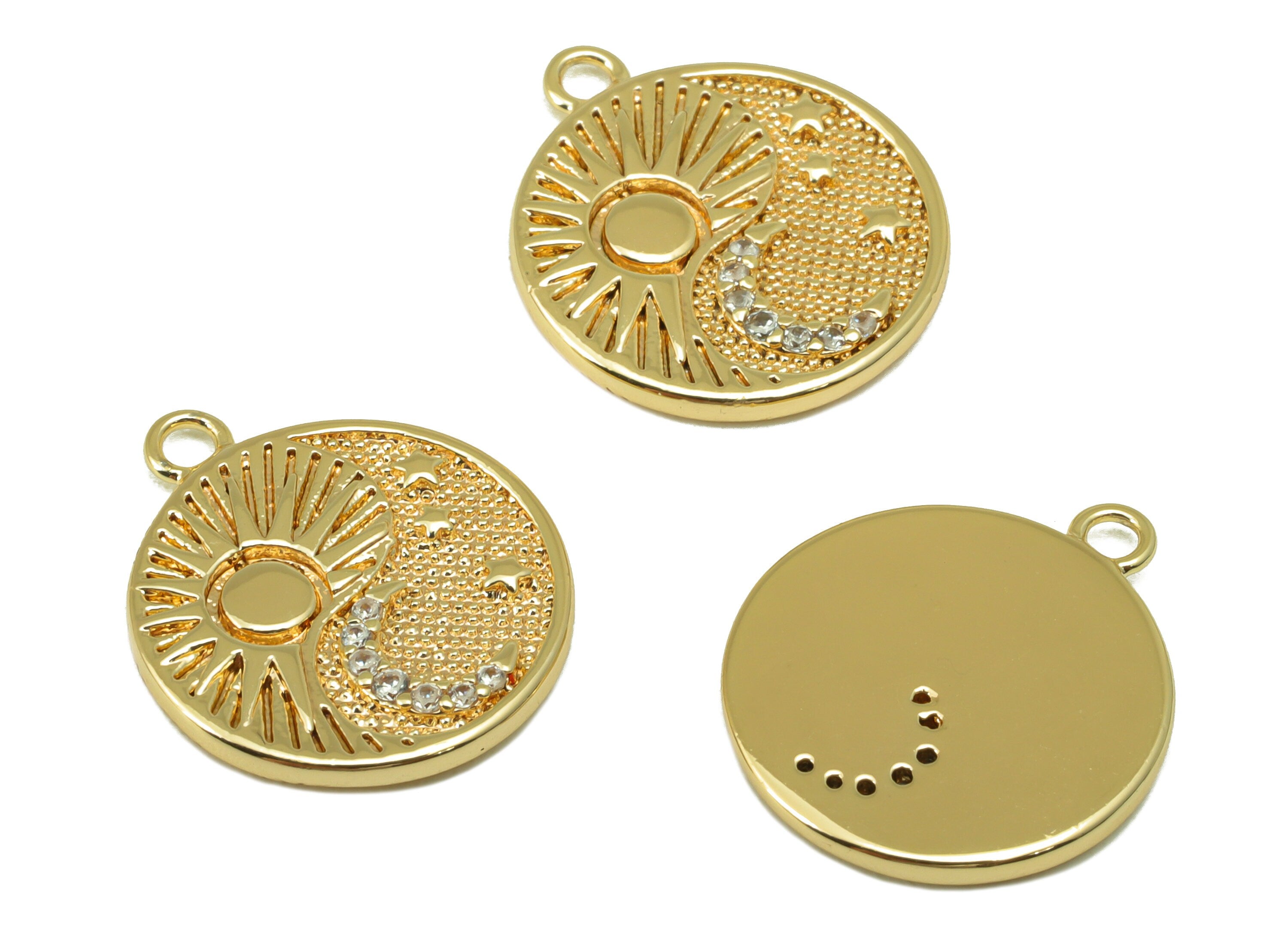 Brass Moon Earring Charm - Brass Cubic Zircon Night Sky Charm -Crescent CZ Pendant- For Necklace -18K Real Gold Plated-17x15x1.65mm- RGP6539 - DOMEDBAZAAR