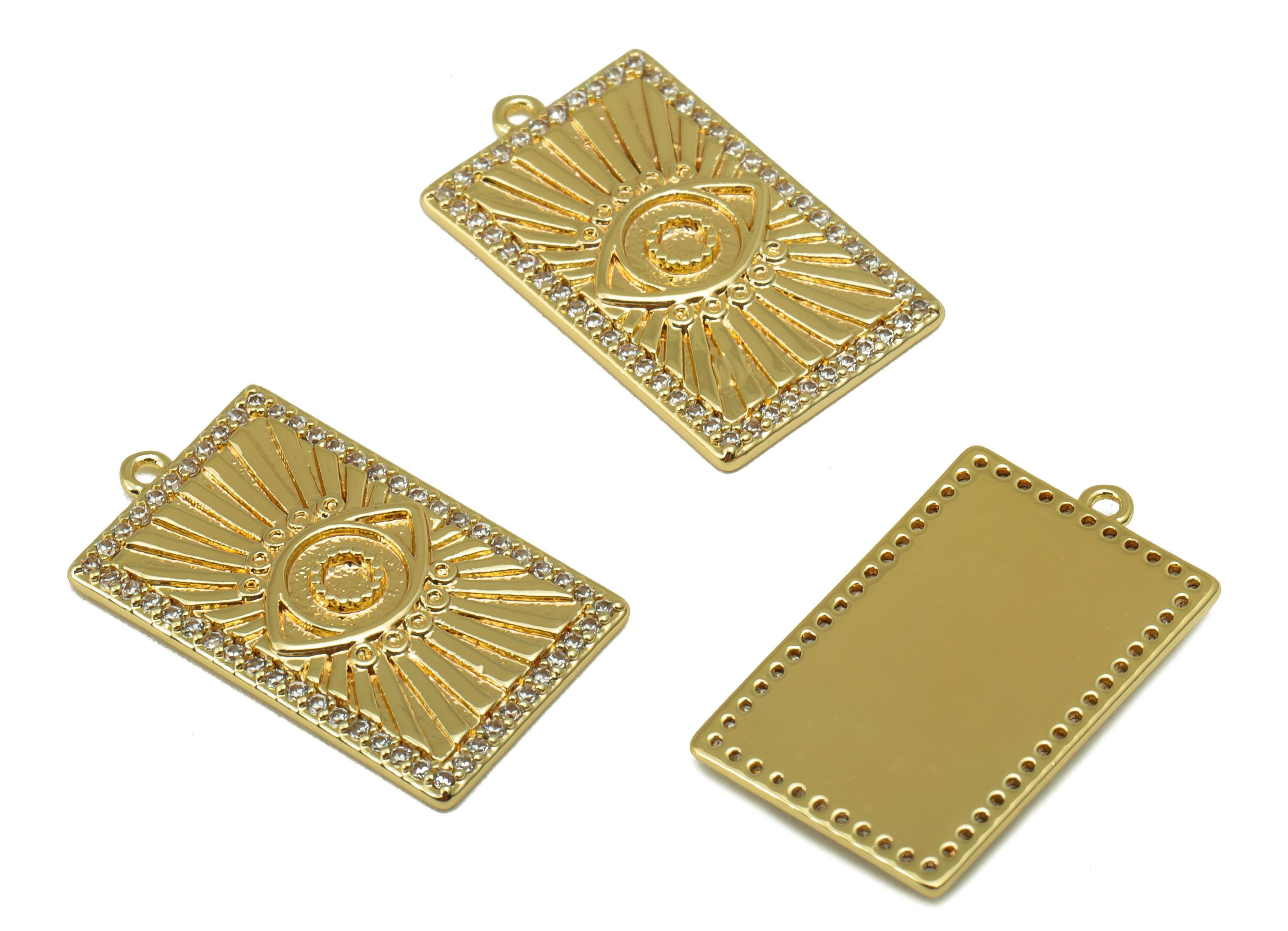 Brass Rectangle Earring Charm - Cubic Zircon Eyelash Charm -Textured Dot CZ Pendant- For Necklace -18K Real Gold Plated-22x13x1.8mm- RGP6545 - DOMEDBAZAAR