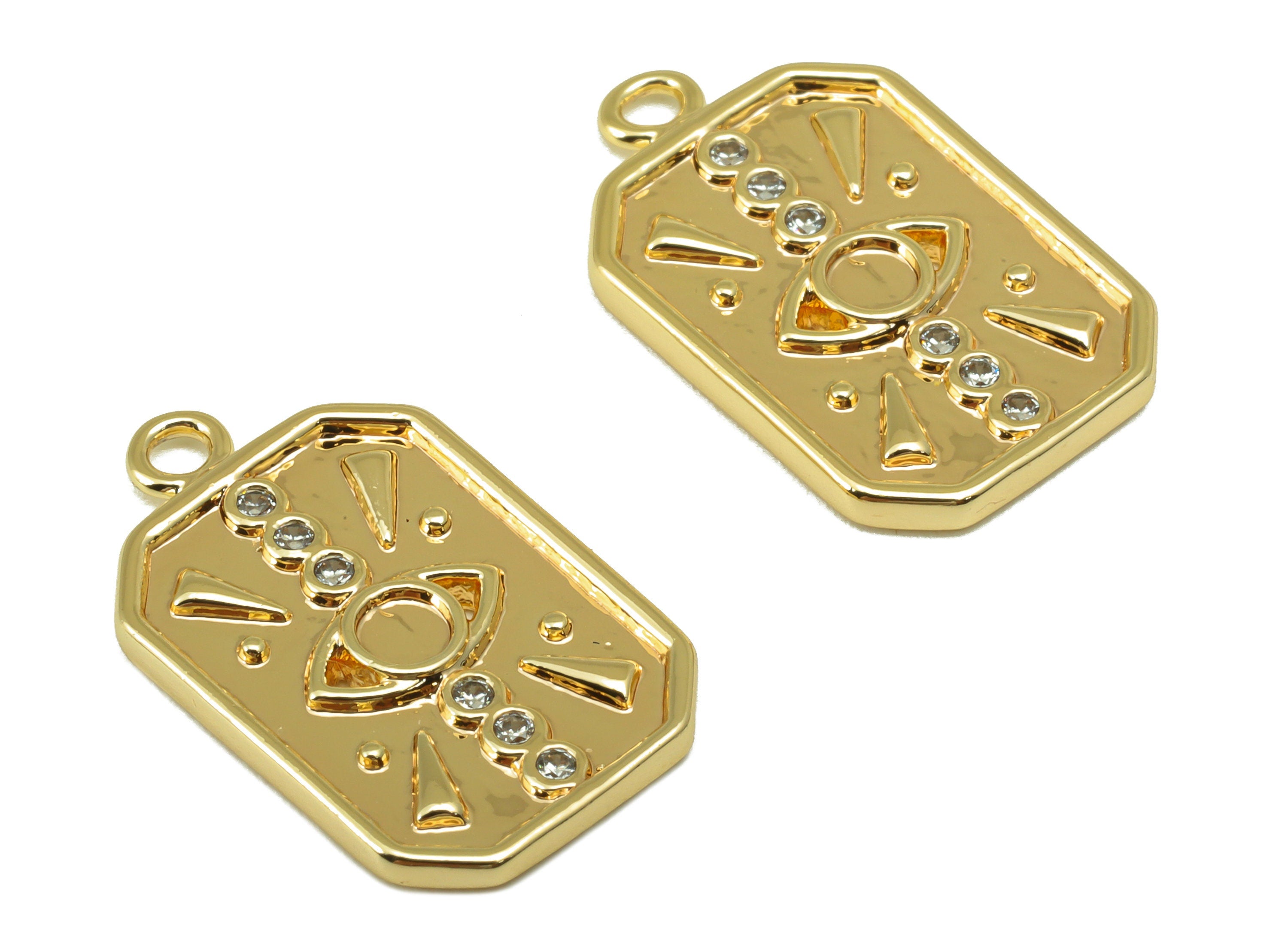 Brass Octagon Earring Charm - Eye Cubic Zircon Signs Dot Charm - Triangle CZ Pendant - For Necklace - 18K Real Gold Plated-20x13x1mm-RGP6574 - DOMEDBAZAAR