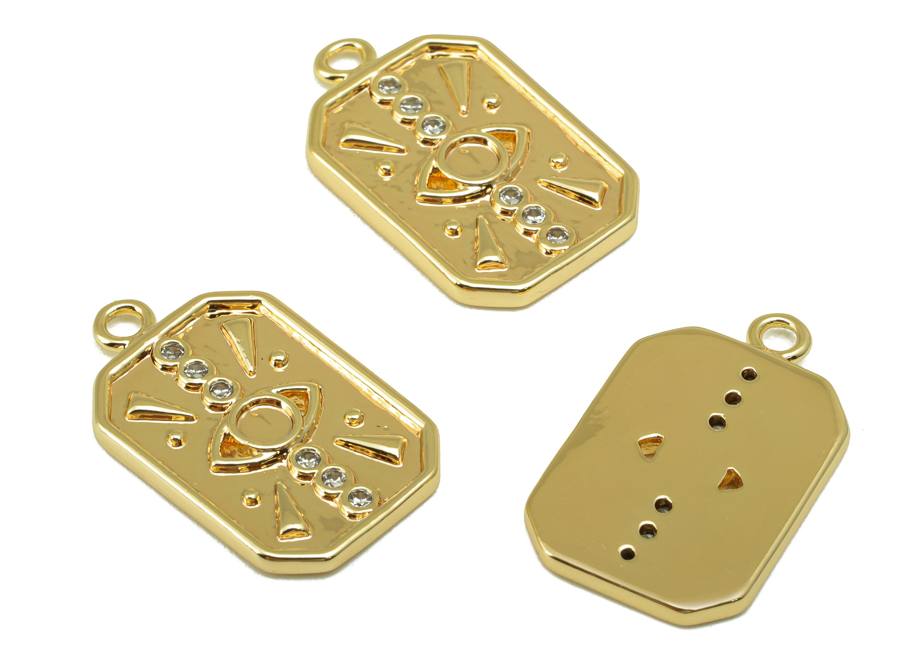 Brass Octagon Earring Charm - Eye Cubic Zircon Signs Dot Charm - Triangle CZ Pendant - For Necklace - 18K Real Gold Plated-20x13x1mm-RGP6574 - DOMEDBAZAAR