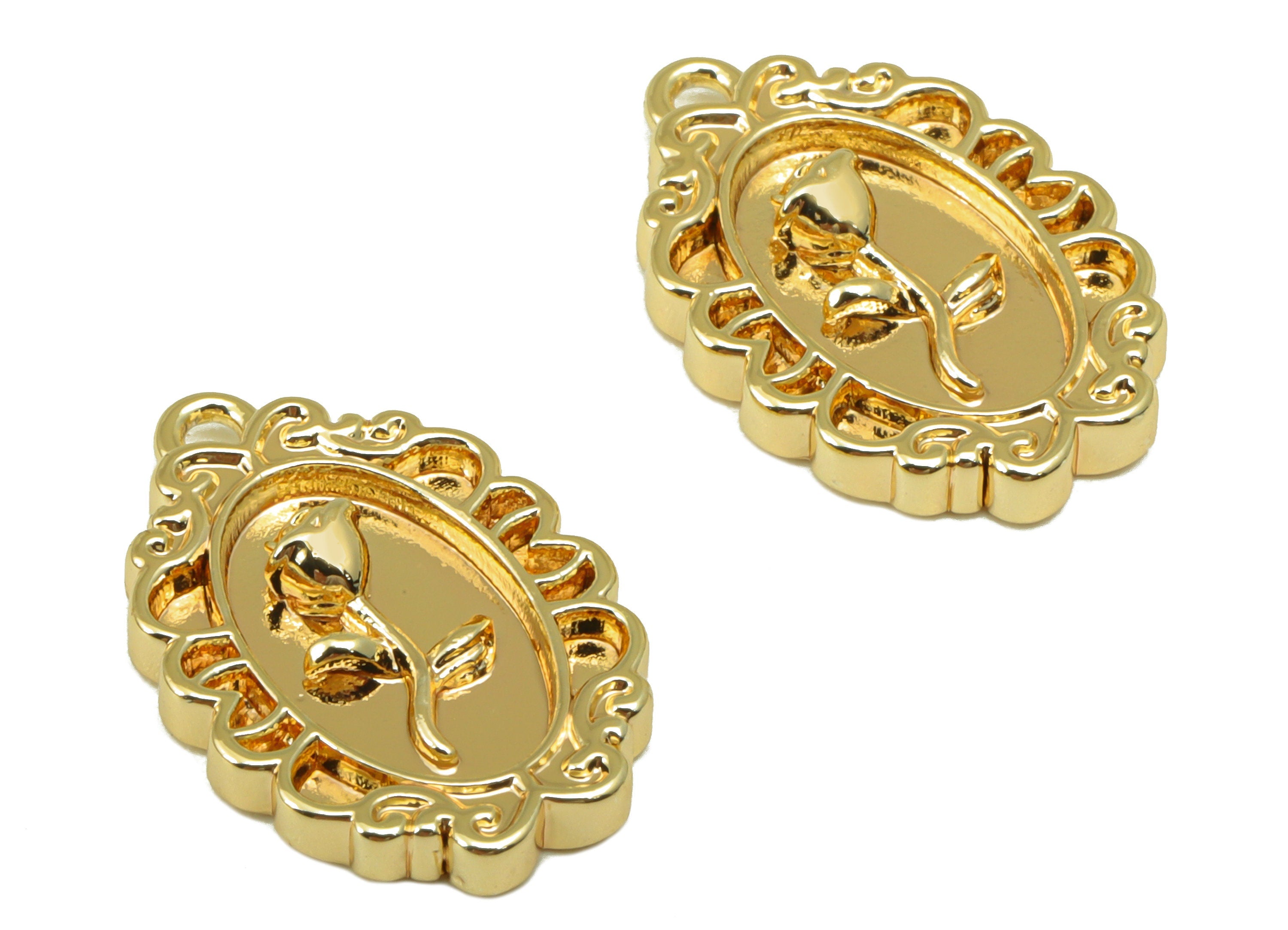 Brass Rose Earring Charm - Vintage Frame Looking Earring Charm - Flower Pendant - For Necklace - 18K Real Gold Plated -17x11x2.9mm - RGP6576 - DOMEDBAZAAR