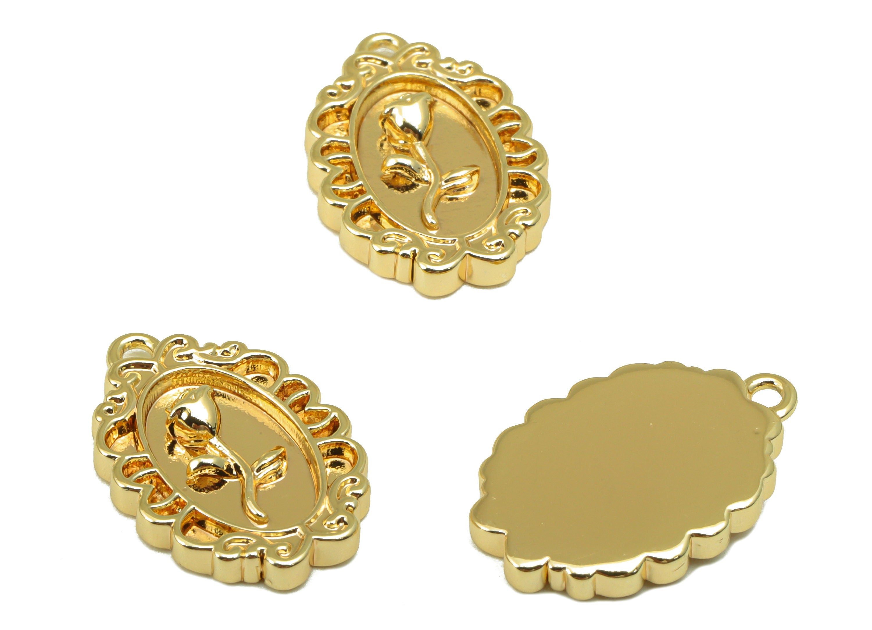 Brass Rose Earring Charm - Vintage Frame Looking Earring Charm - Flower Pendant - For Necklace - 18K Real Gold Plated -17x11x2.9mm - RGP6576 - DOMEDBAZAAR