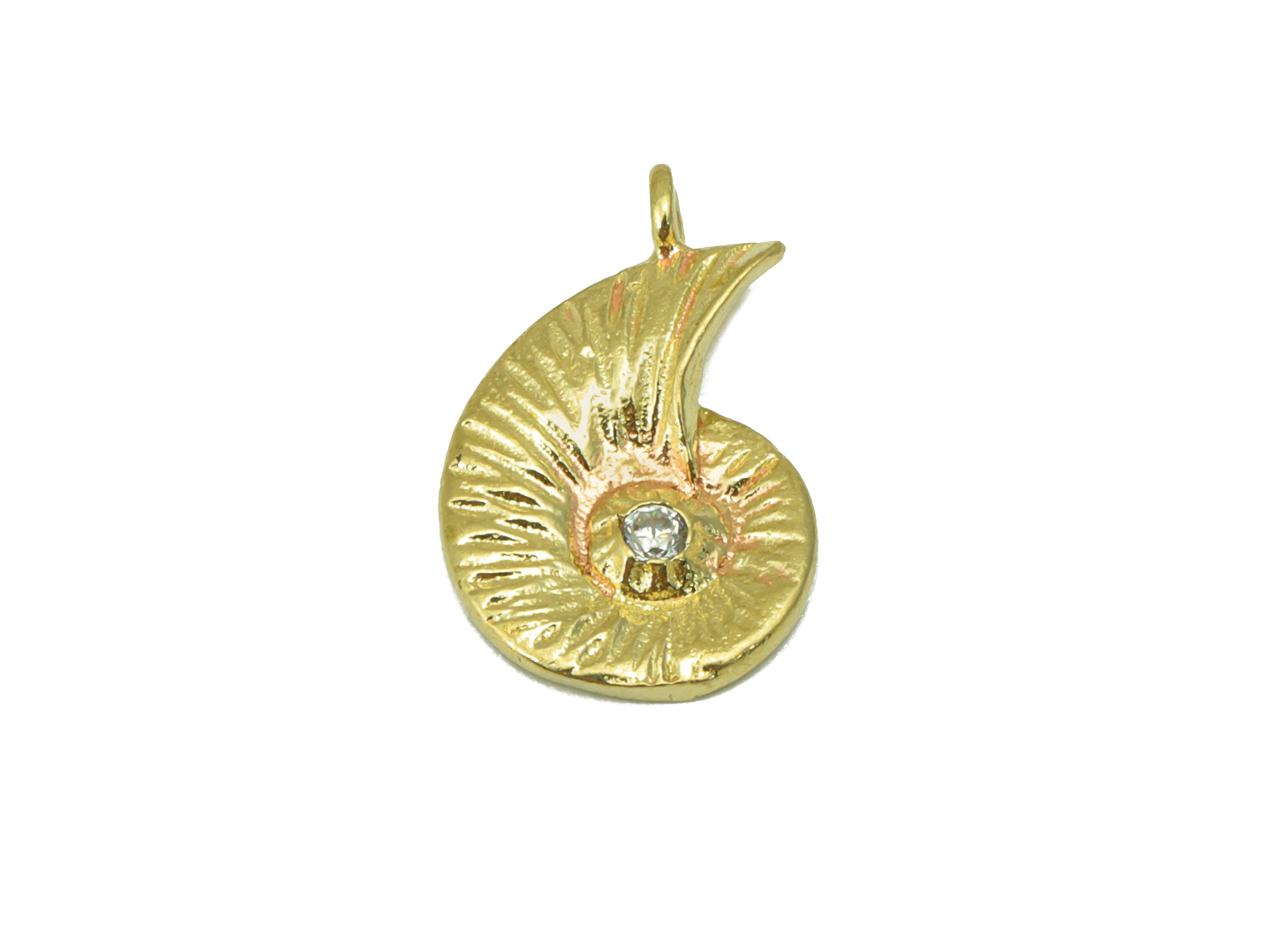 Brass Cochlea Earring - Raw Brass Cubic Zirconia Snail Earring Charm - CZ Textured Pendant - For Necklace - 16.91x10.88x2.11mm- RGP8491 - DOMEDBAZAAR