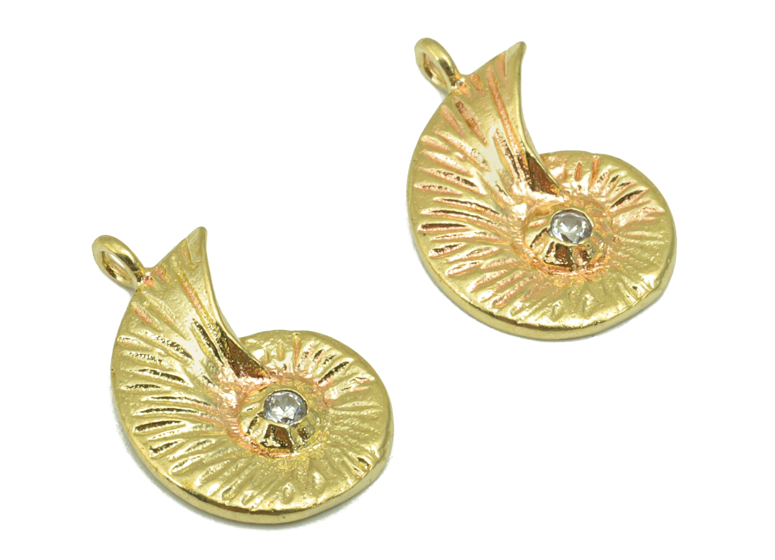 Brass Cochlea Earring - Raw Brass Cubic Zirconia Snail Earring Charm - CZ Textured Pendant - For Necklace - 16.91x10.88x2.11mm- RGP8491 - DOMEDBAZAAR