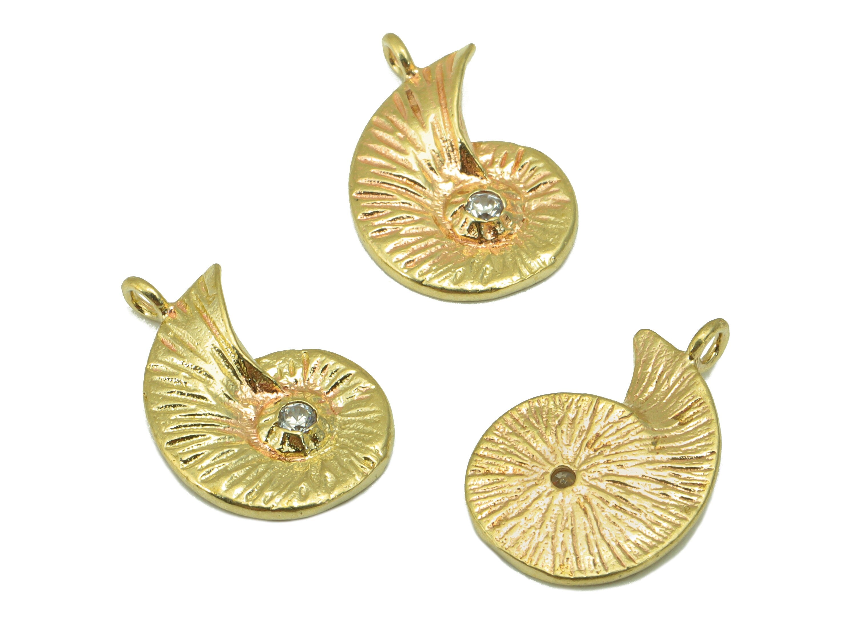 Brass Cochlea Earring - Raw Brass Cubic Zirconia Snail Earring Charm - CZ Textured Pendant - For Necklace - 16.91x10.88x2.11mm- RGP8491 - DOMEDBAZAAR