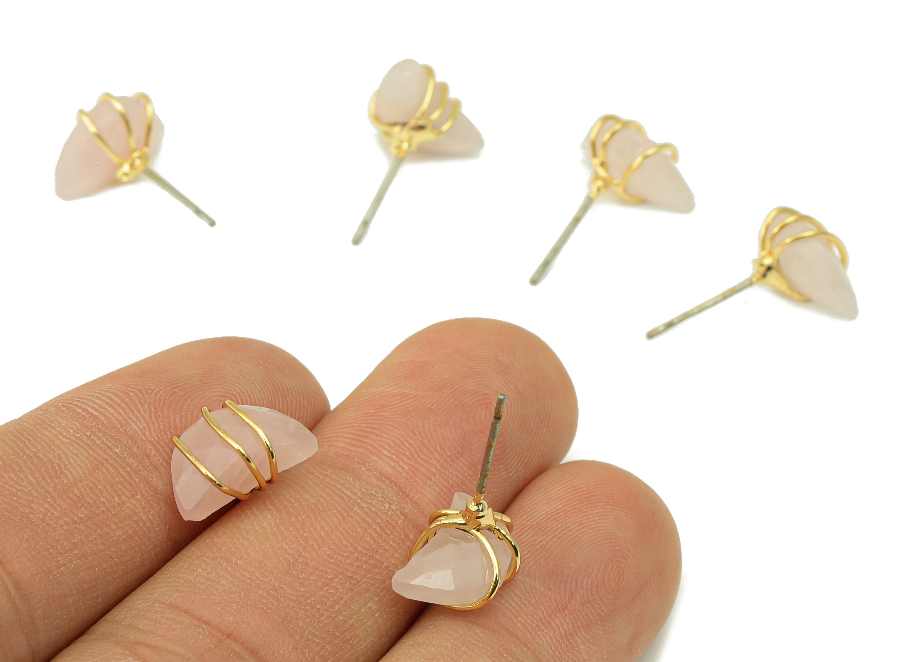 Rose Quartz Natural Stone Earring Stud - Brass Pink Stone Earring Post -Rose Quartz Wire Wrapped Earring Post - 12x9x5mm-NS1891A - DOMEDBAZAAR