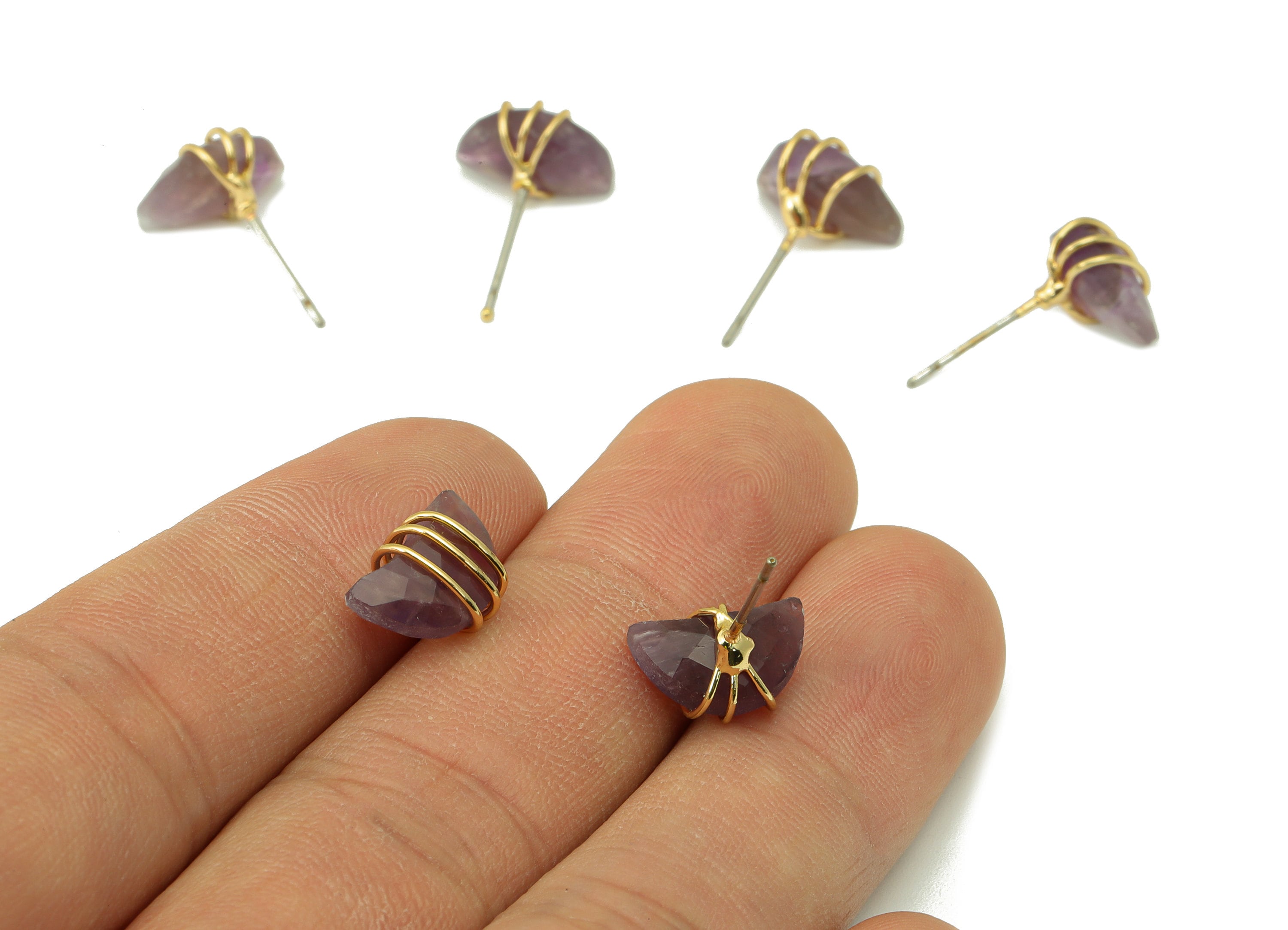 Amethyst Natural Stone Earring Stud - Brass Purple Stone Earring Post - Wire Wrapped Earring Post -Earring Stud- 11.9x8.6x4.85mm-NS1891B - DOMEDBAZAAR