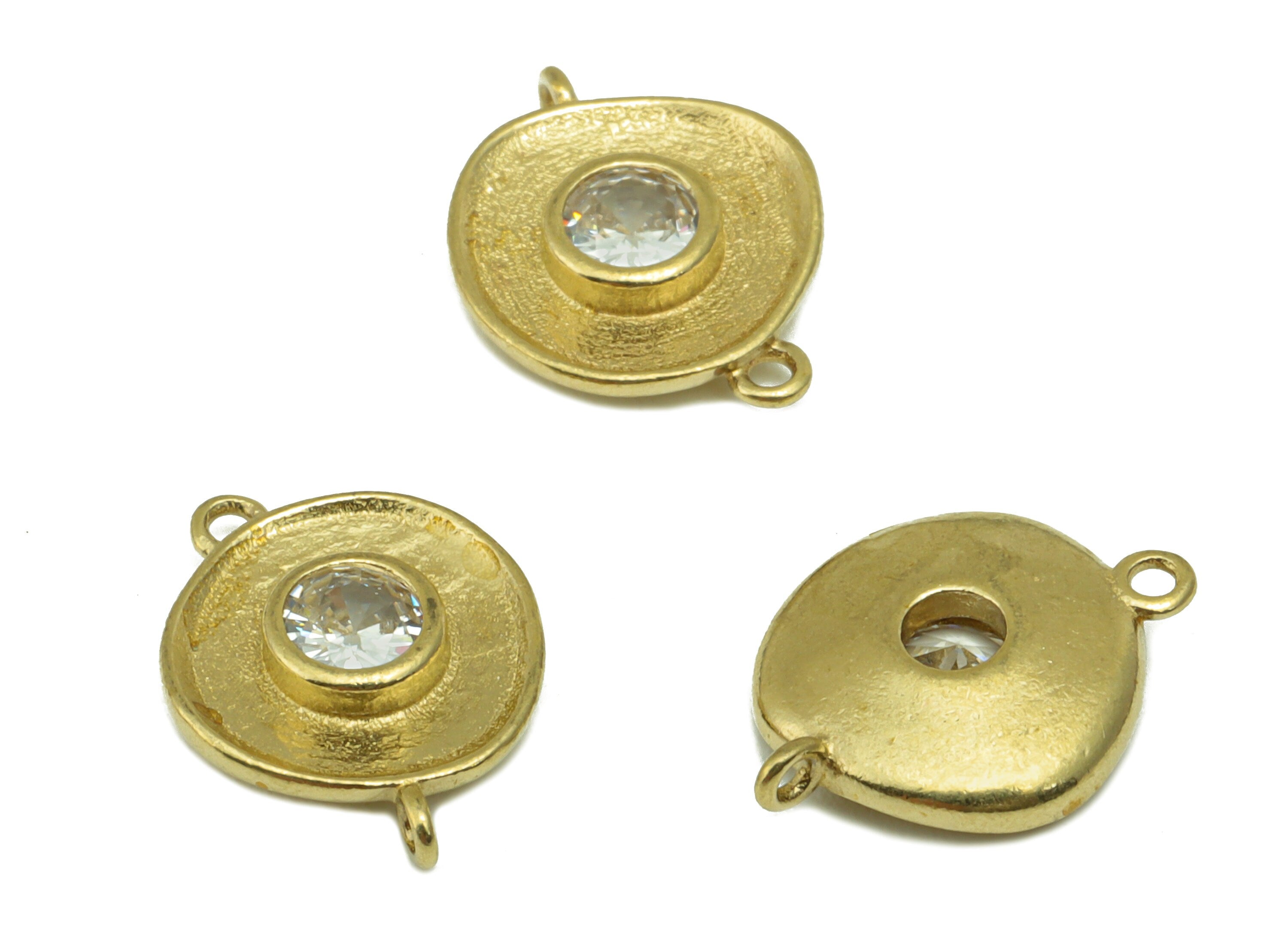 Brass Bent Round Connector -Raw Brass Textured CZ Necklace - Mini Cubic Zirconia Solitaire Pendant -Circle Earring Charm -14x11x3mm - PP8532 - DOMEDBAZAAR