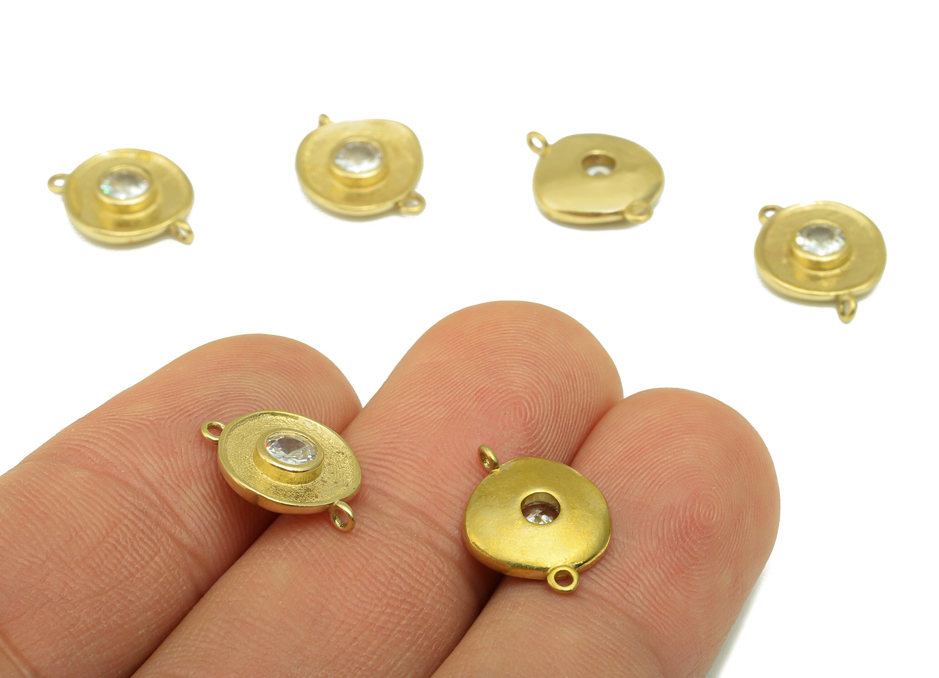 Brass Bent Round Connector -Raw Brass Textured CZ Necklace - Mini Cubic Zirconia Solitaire Pendant -Circle Earring Charm -14x11x3mm - PP8532 - DOMEDBAZAAR