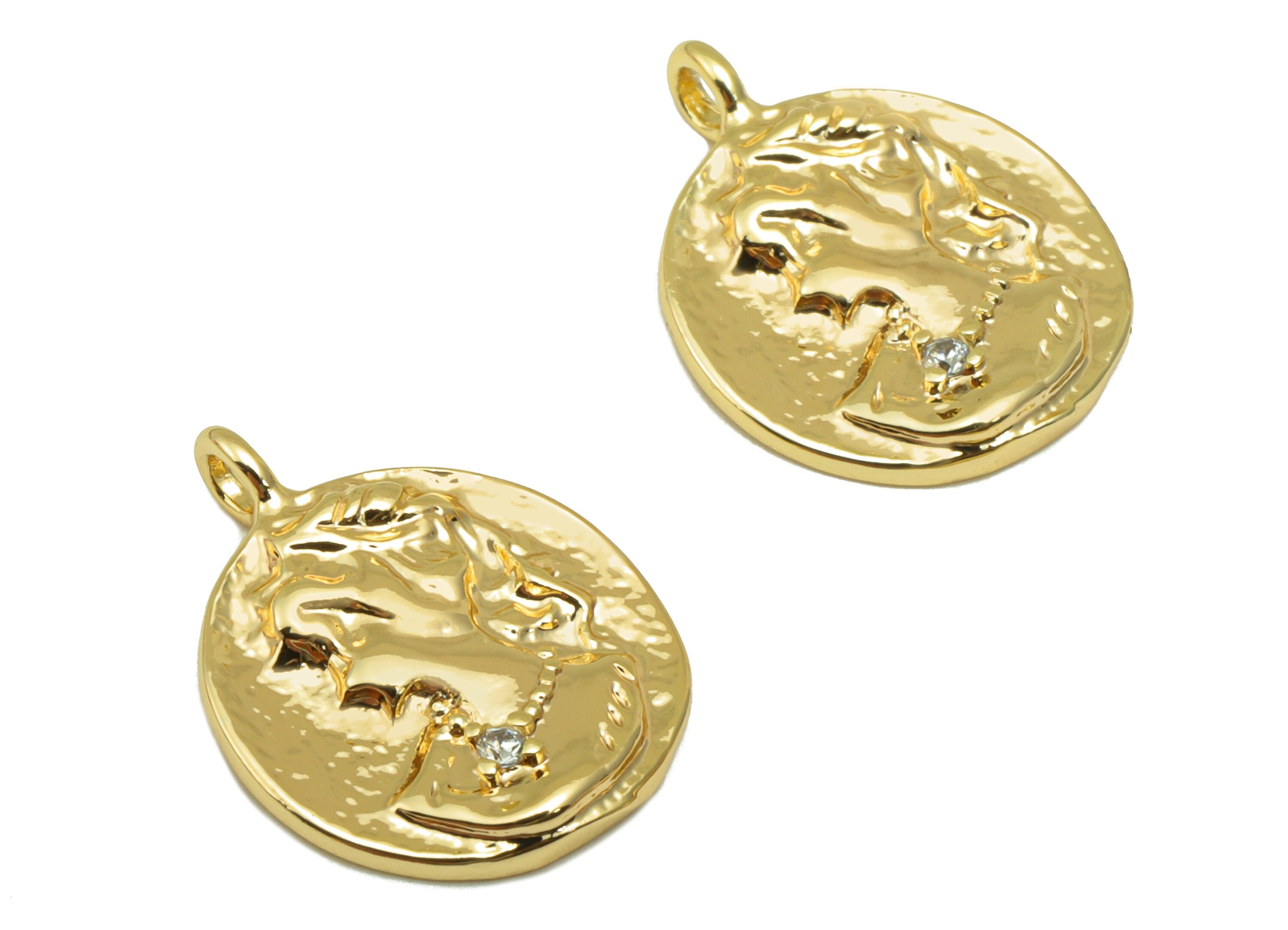 Brass Round Earring Charm - Hammered Girl Cubic Zircon Charm - Woman Antique Looking CZ Pendant - 18K Real Gold Plated -16x12x2mm-RGP4231 - DOMEDBAZAAR